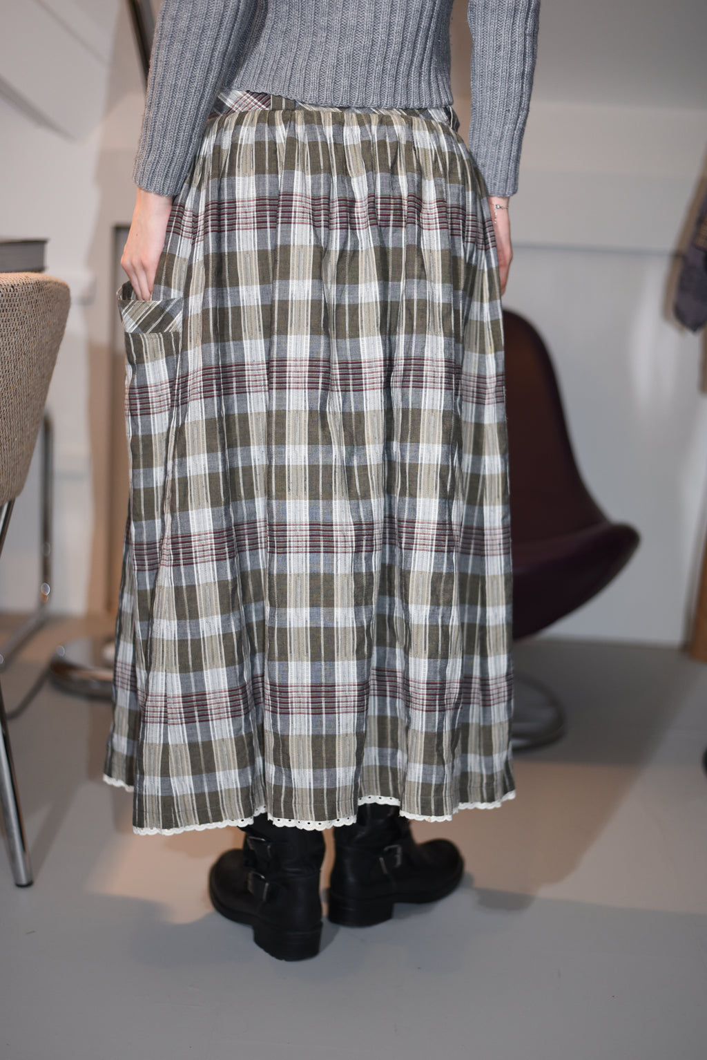 Plaid A-line midi skirt