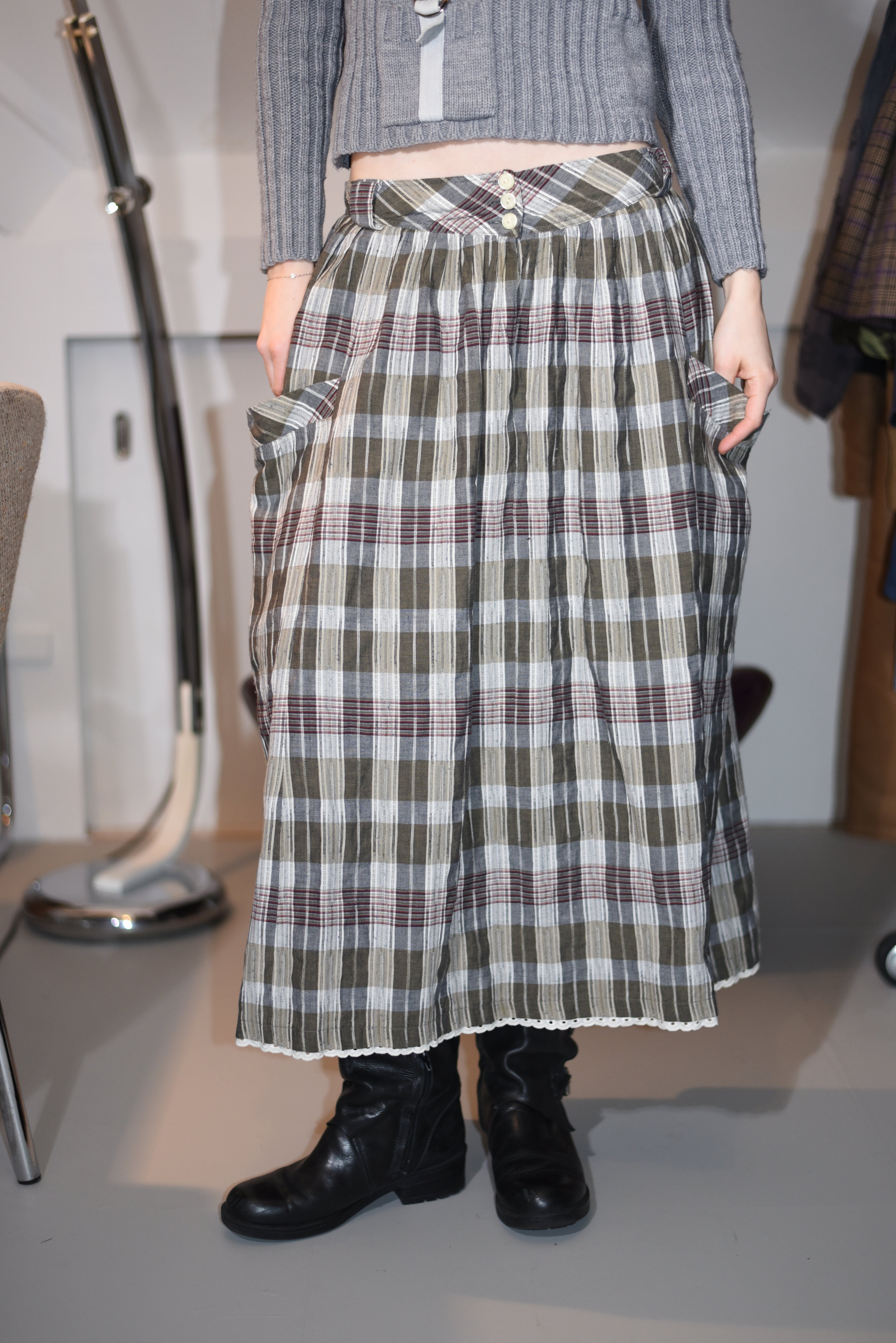 Plaid A-line midi skirt