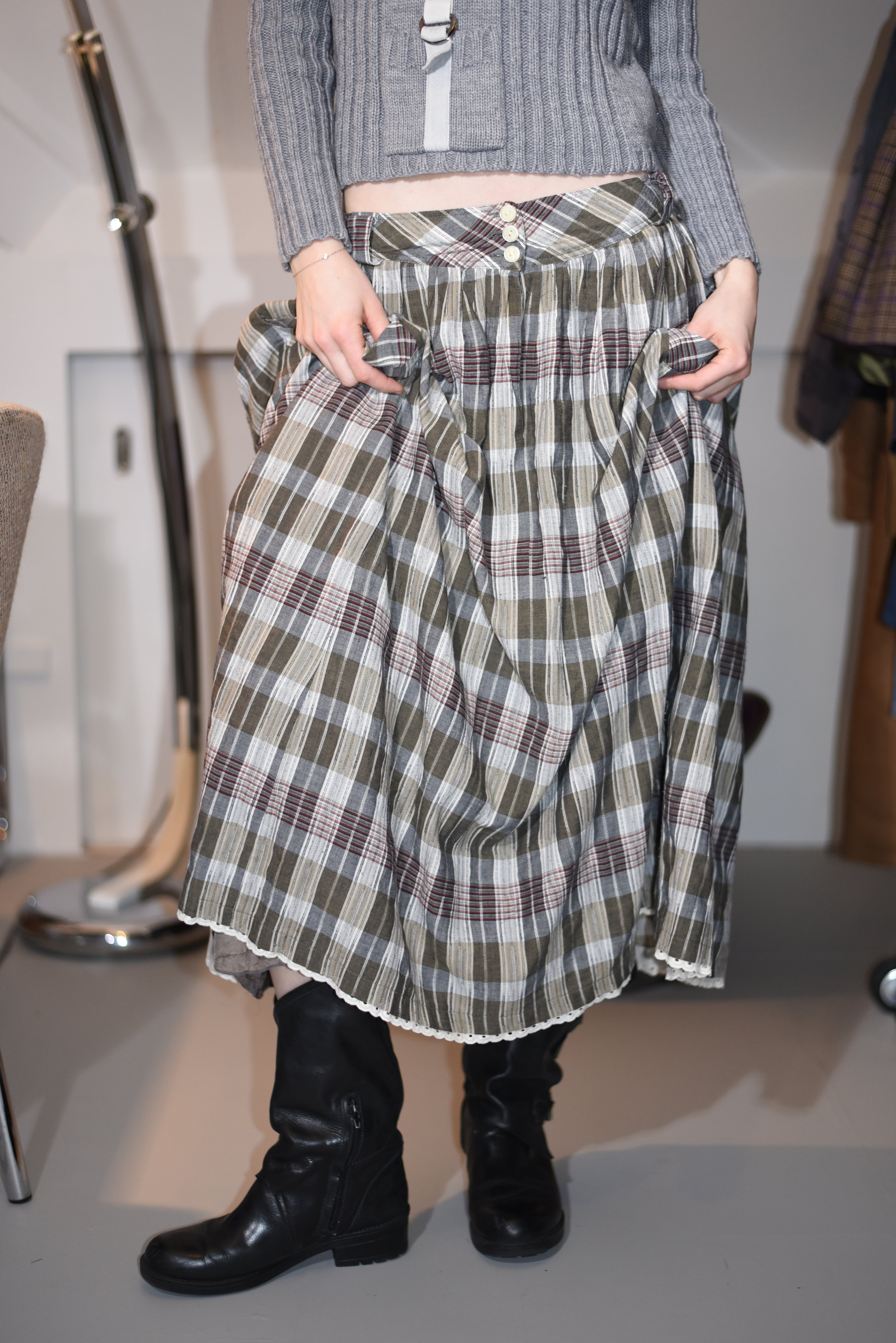 Plaid A-line midi skirt