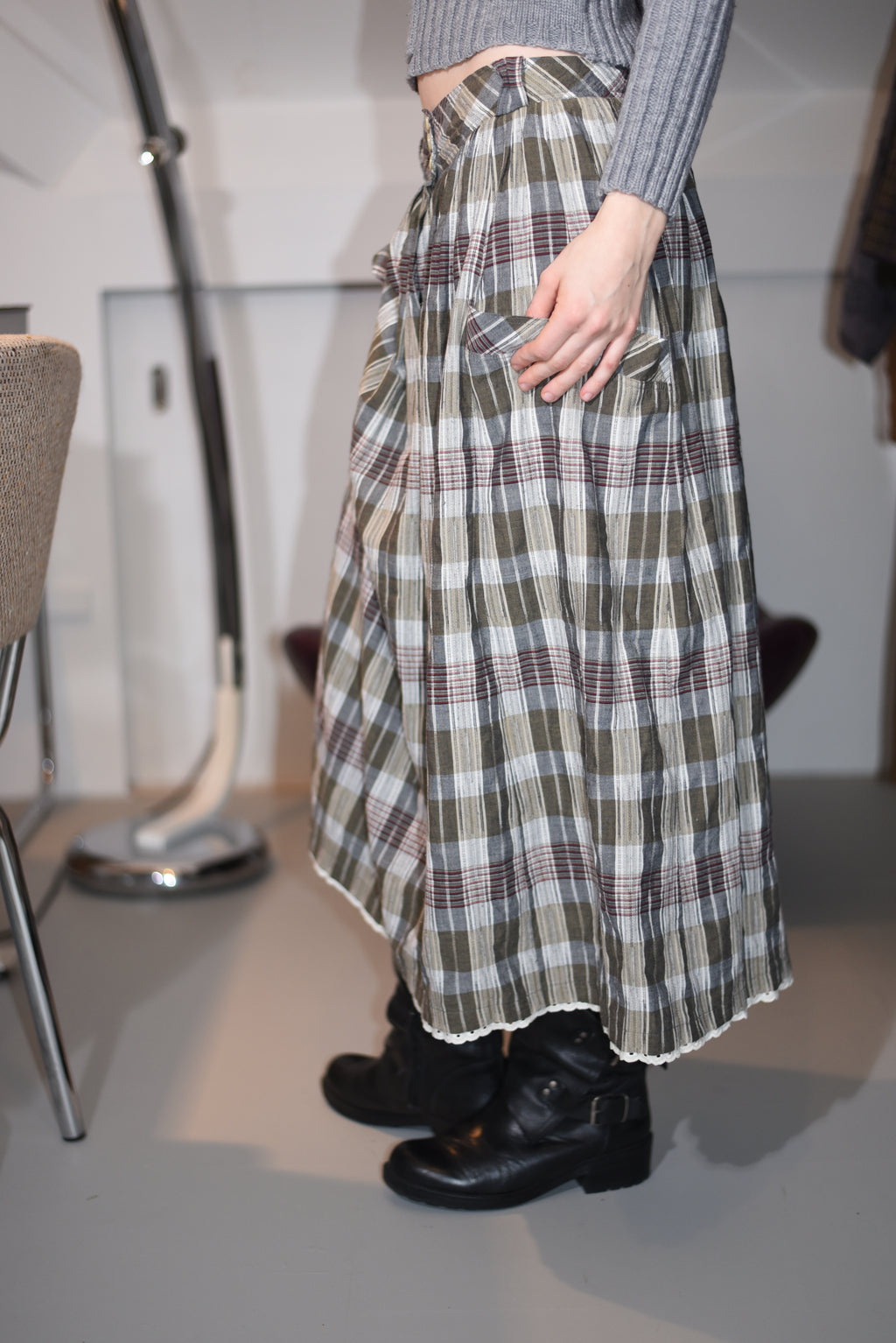 Plaid A-line midi skirt