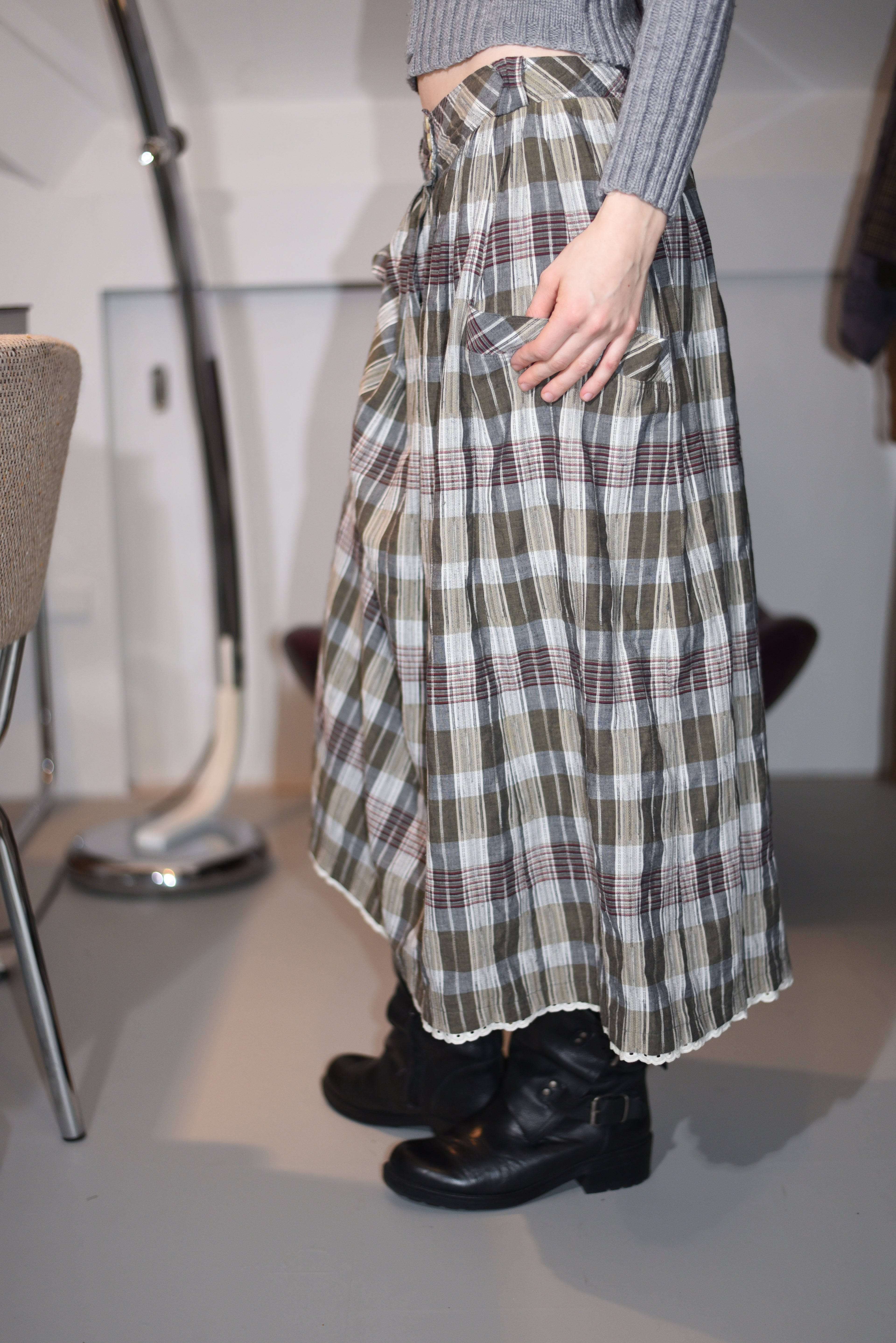 Plaid A-line midi skirt