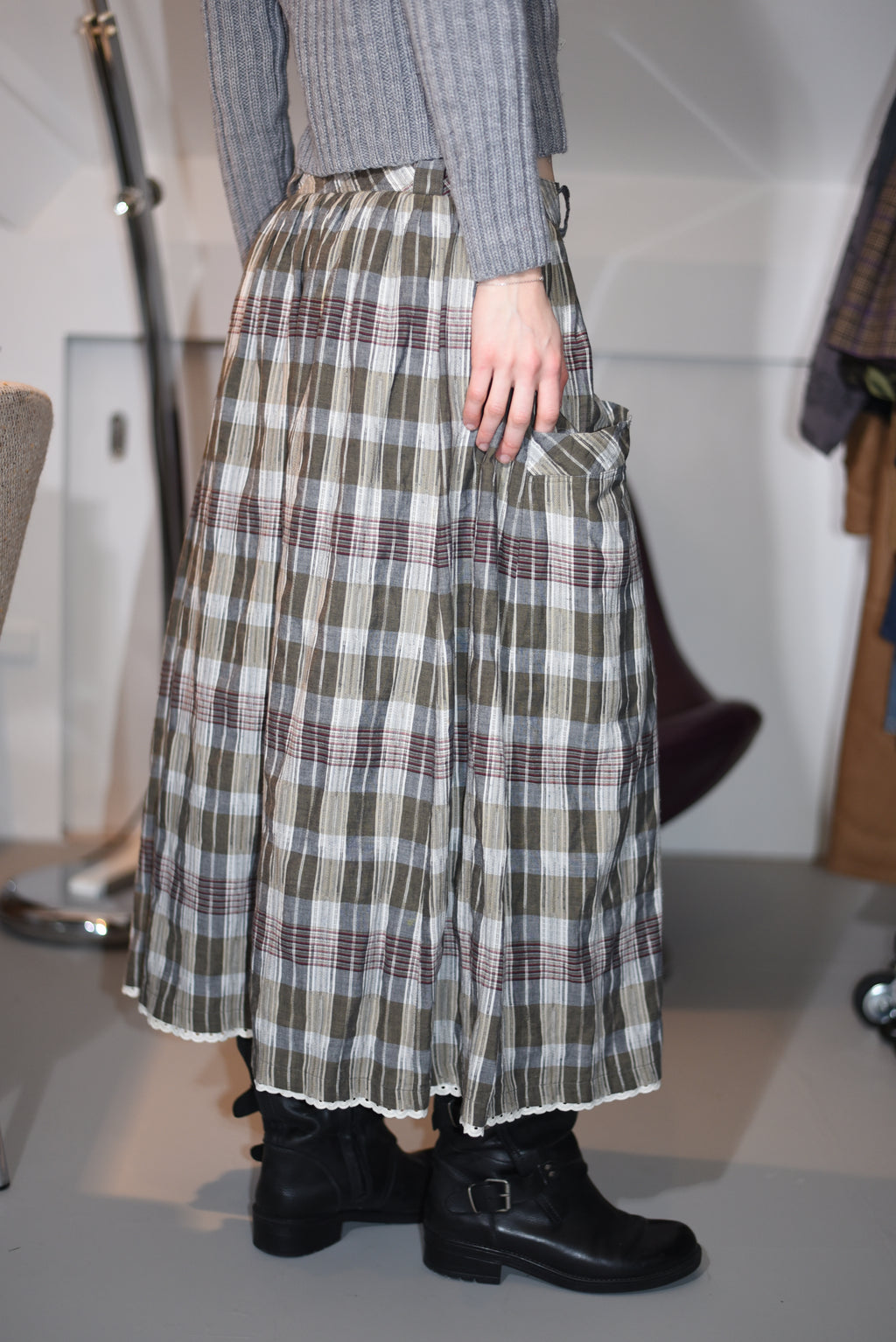 Plaid A-line midi skirt