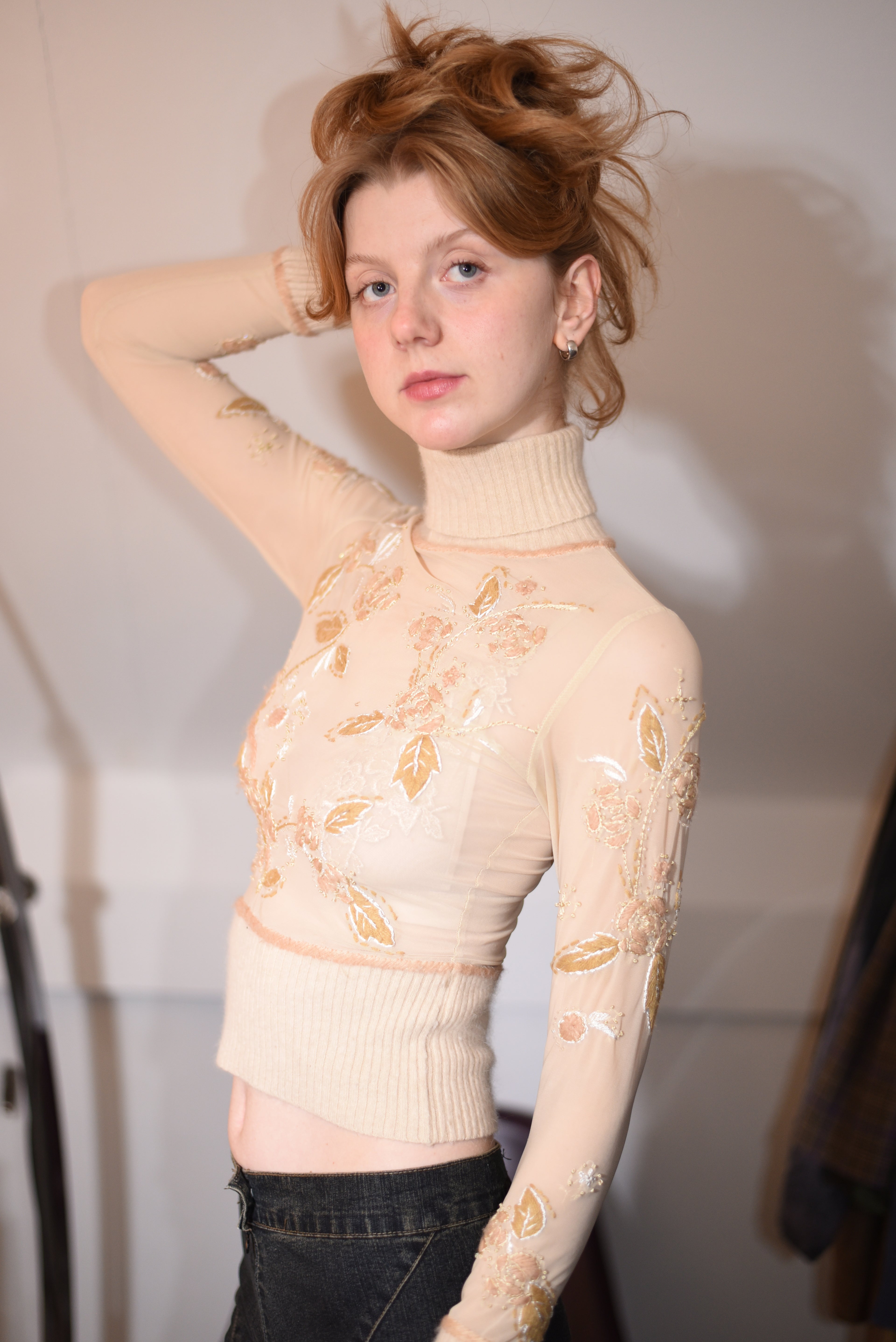 Sheer embroidered turtleneck top