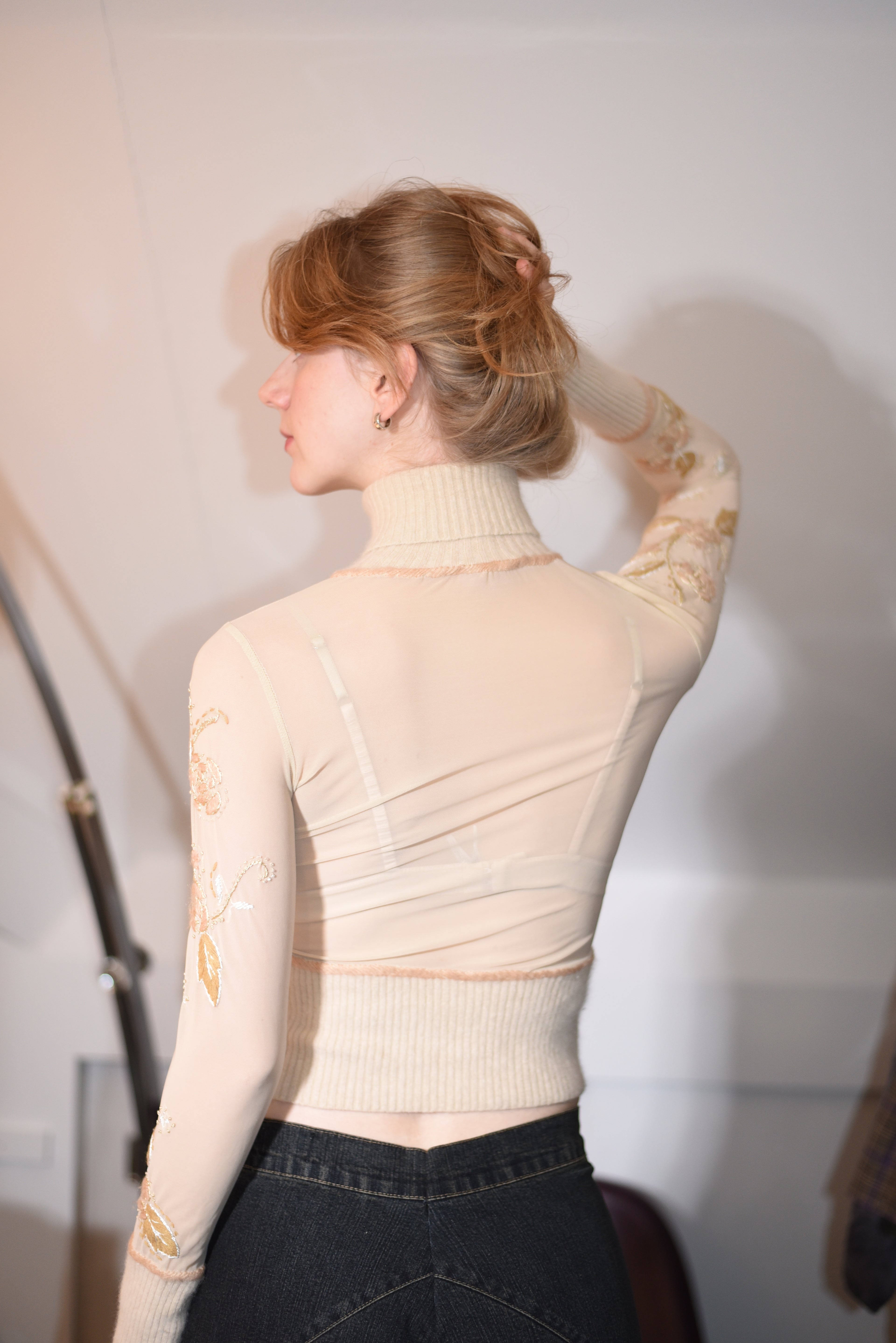 Sheer embroidered turtleneck top