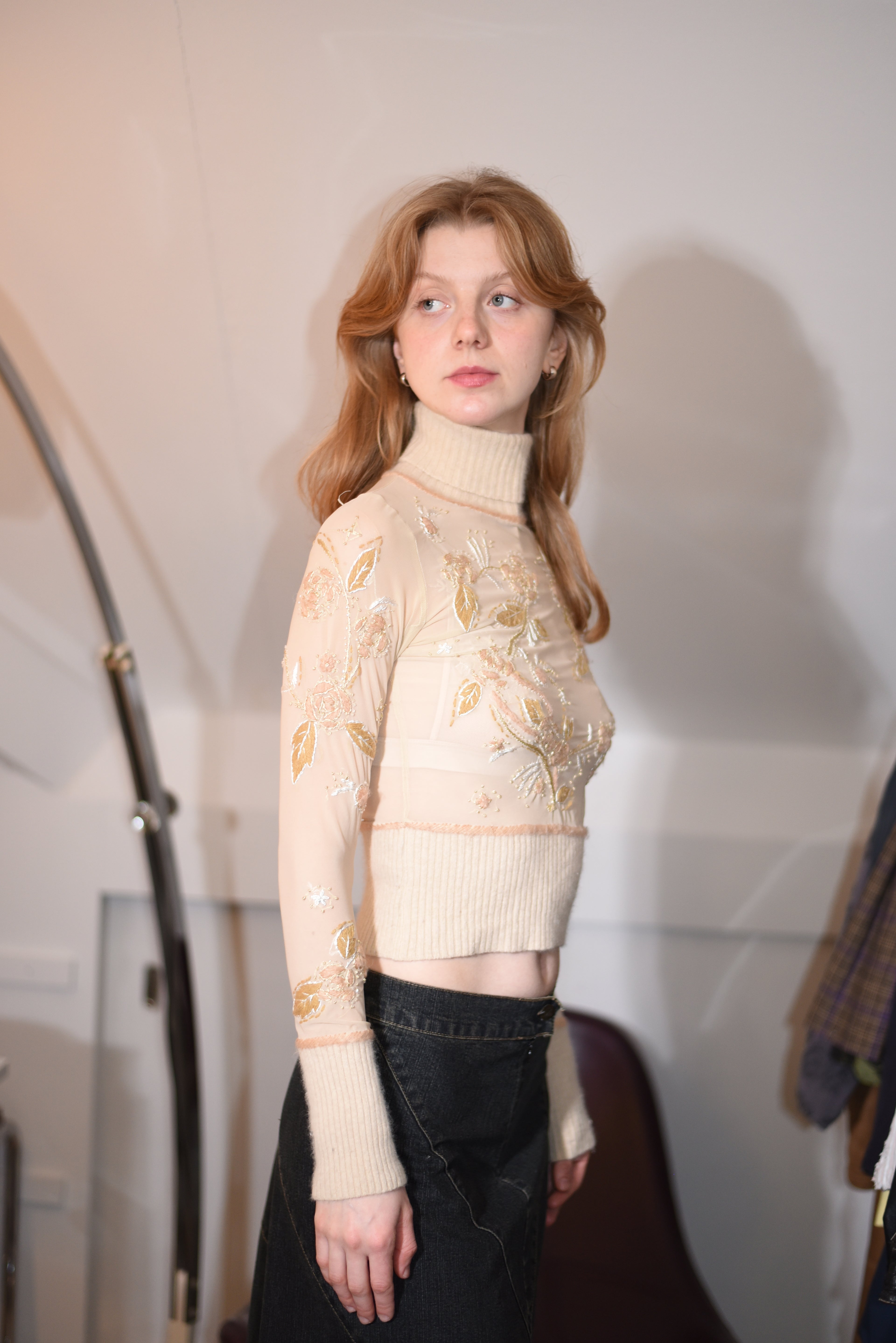 Sheer embroidered turtleneck top