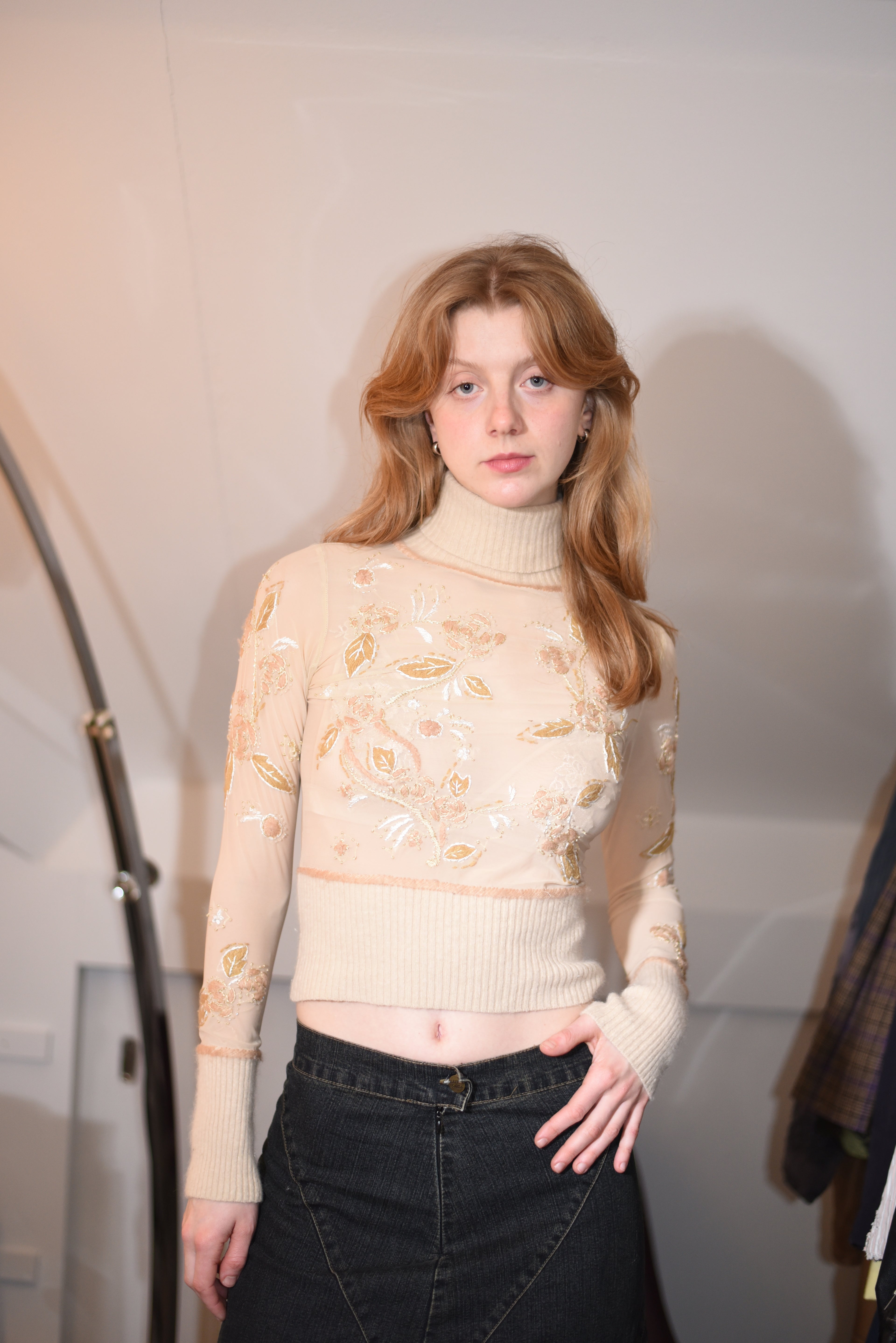 Sheer embroidered turtleneck top