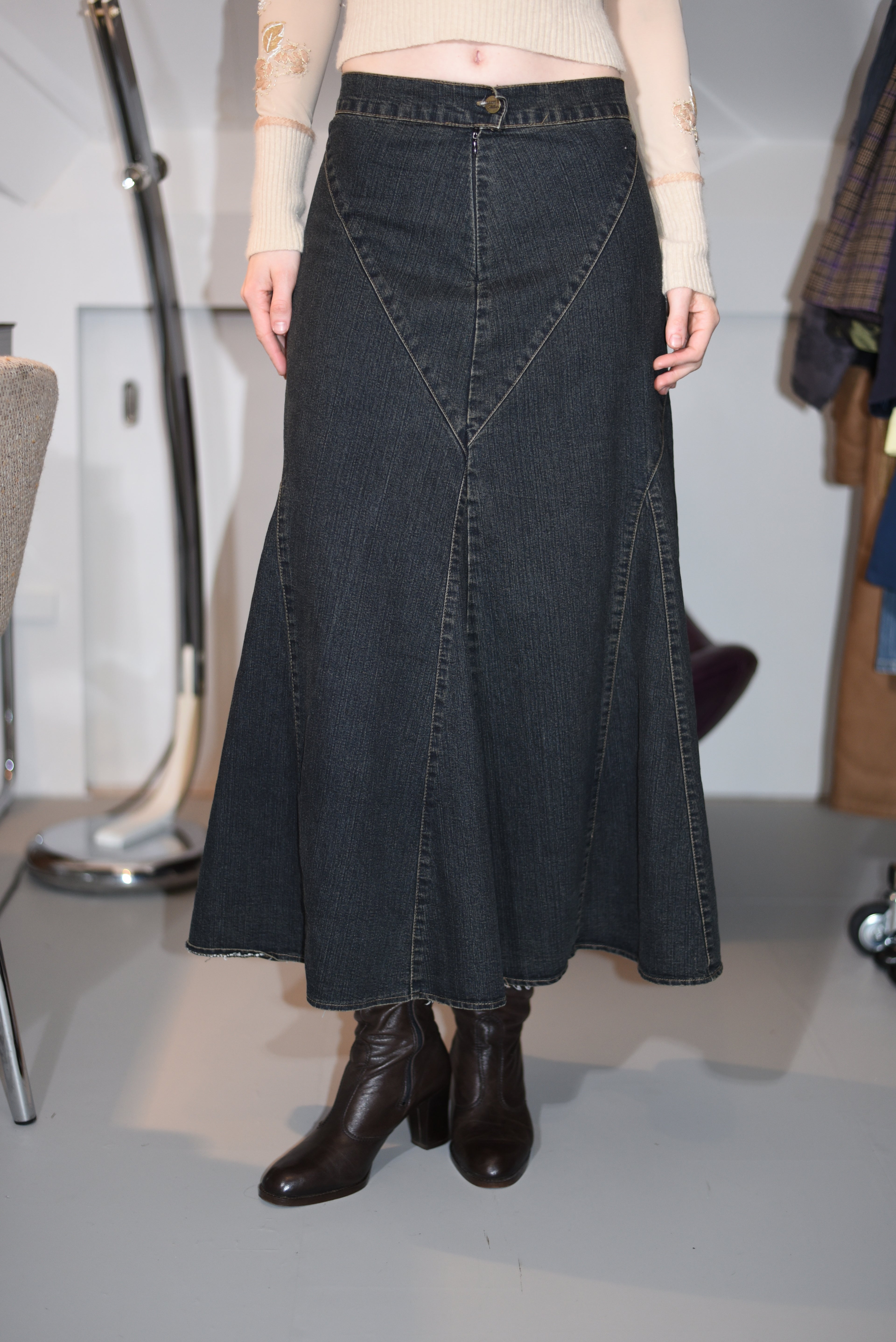Dark-wash denim maxi skirt