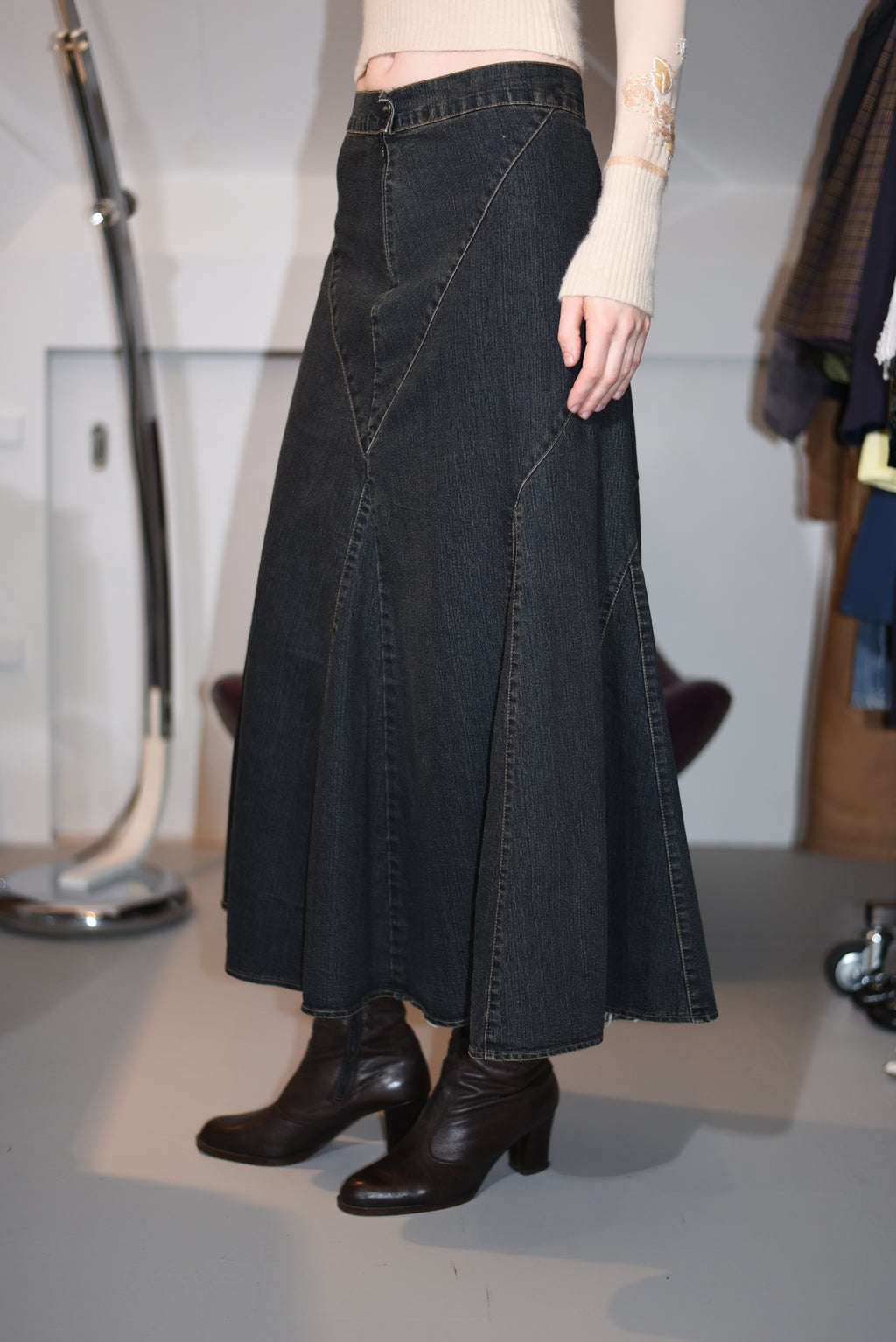 Dark-wash denim maxi skirt