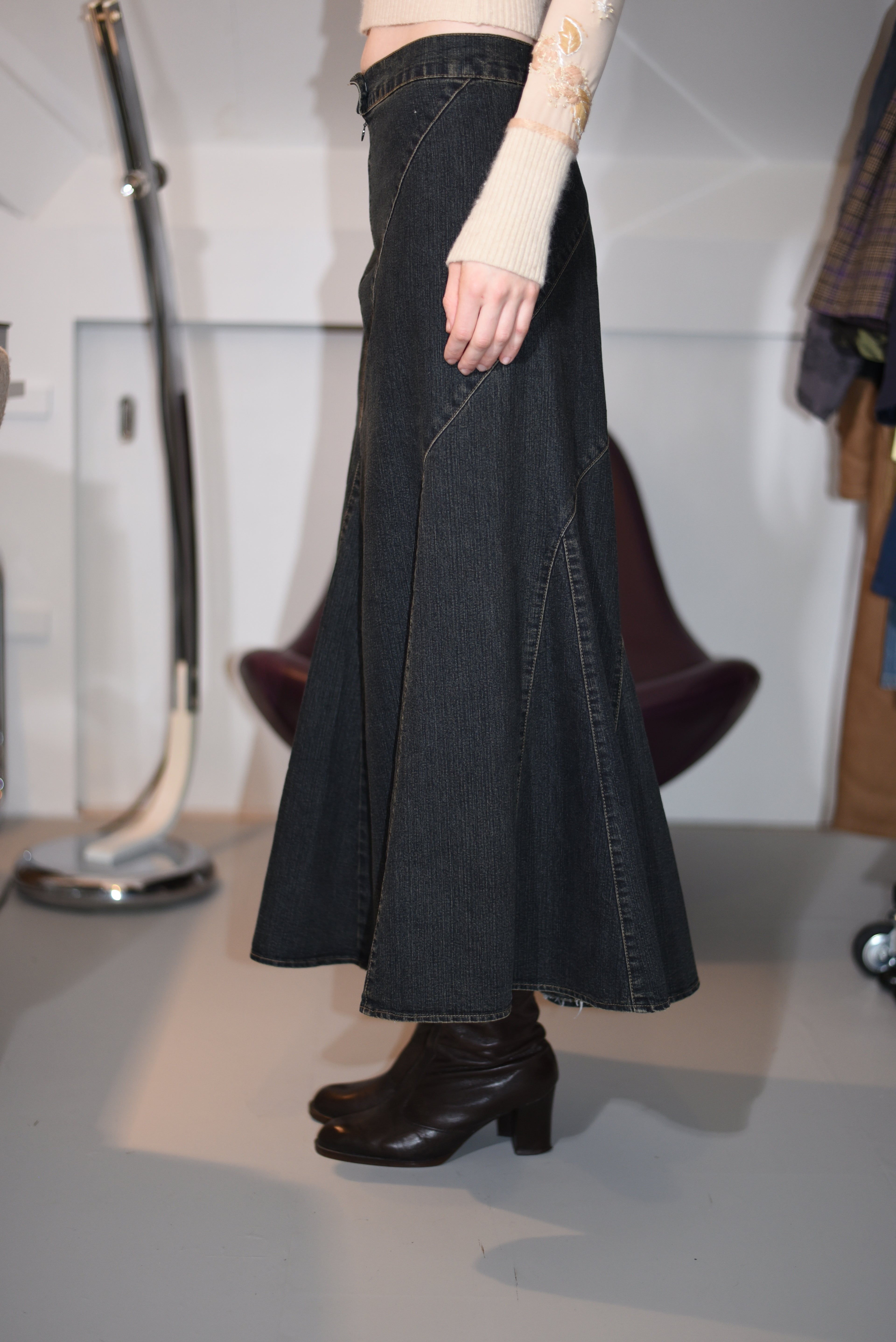 Dark-wash denim maxi skirt