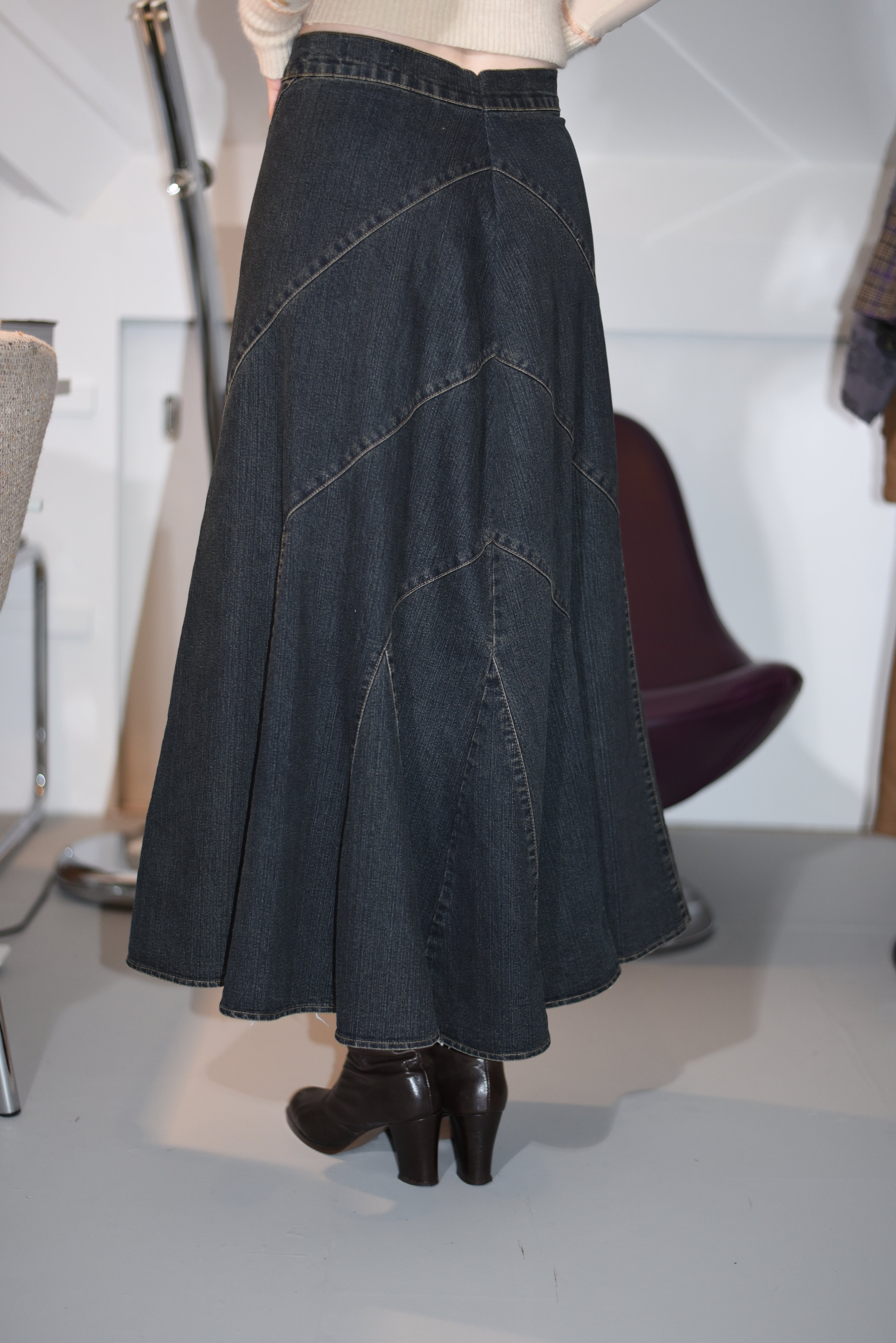 Dark-wash denim maxi skirt