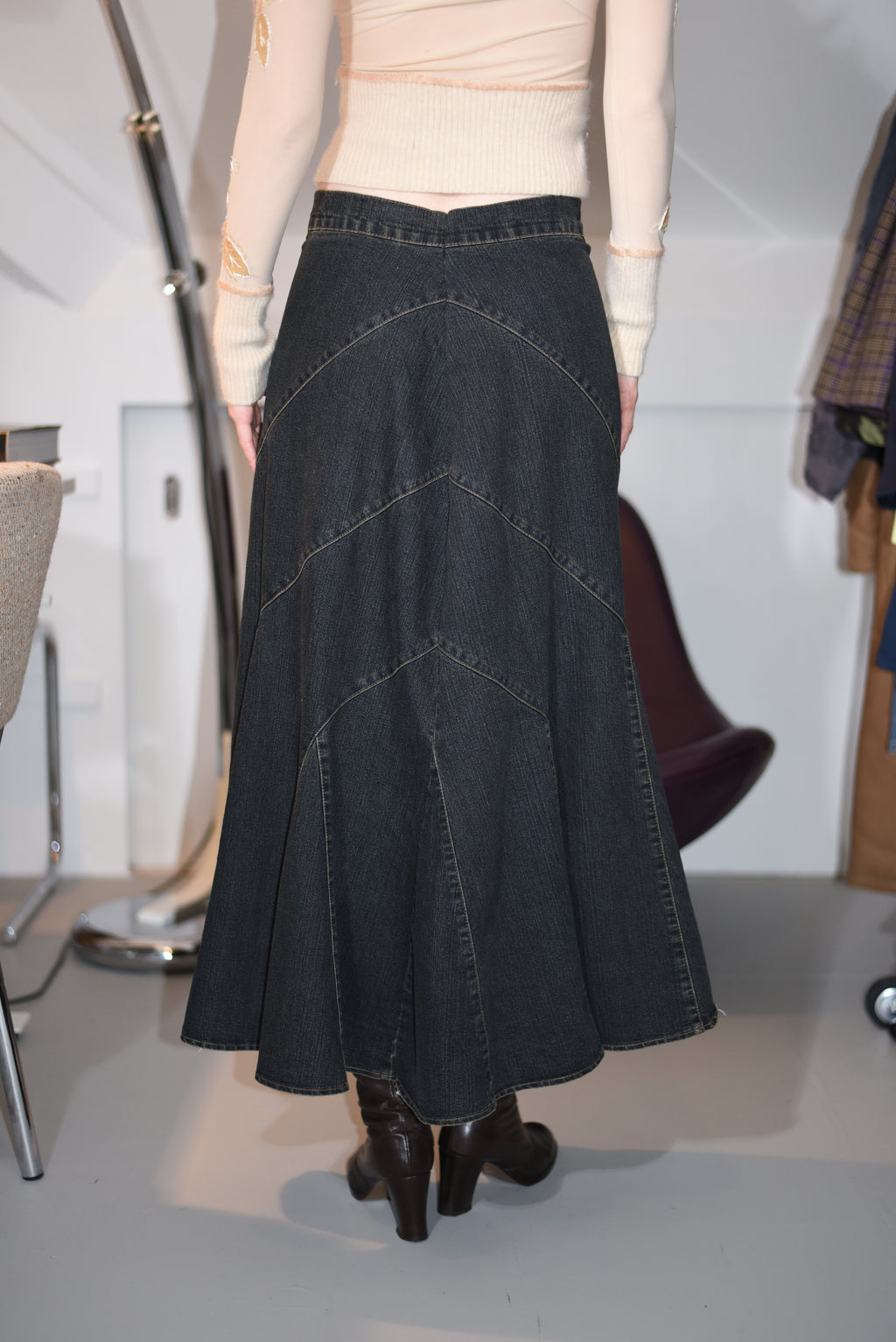 Dark-wash denim maxi skirt