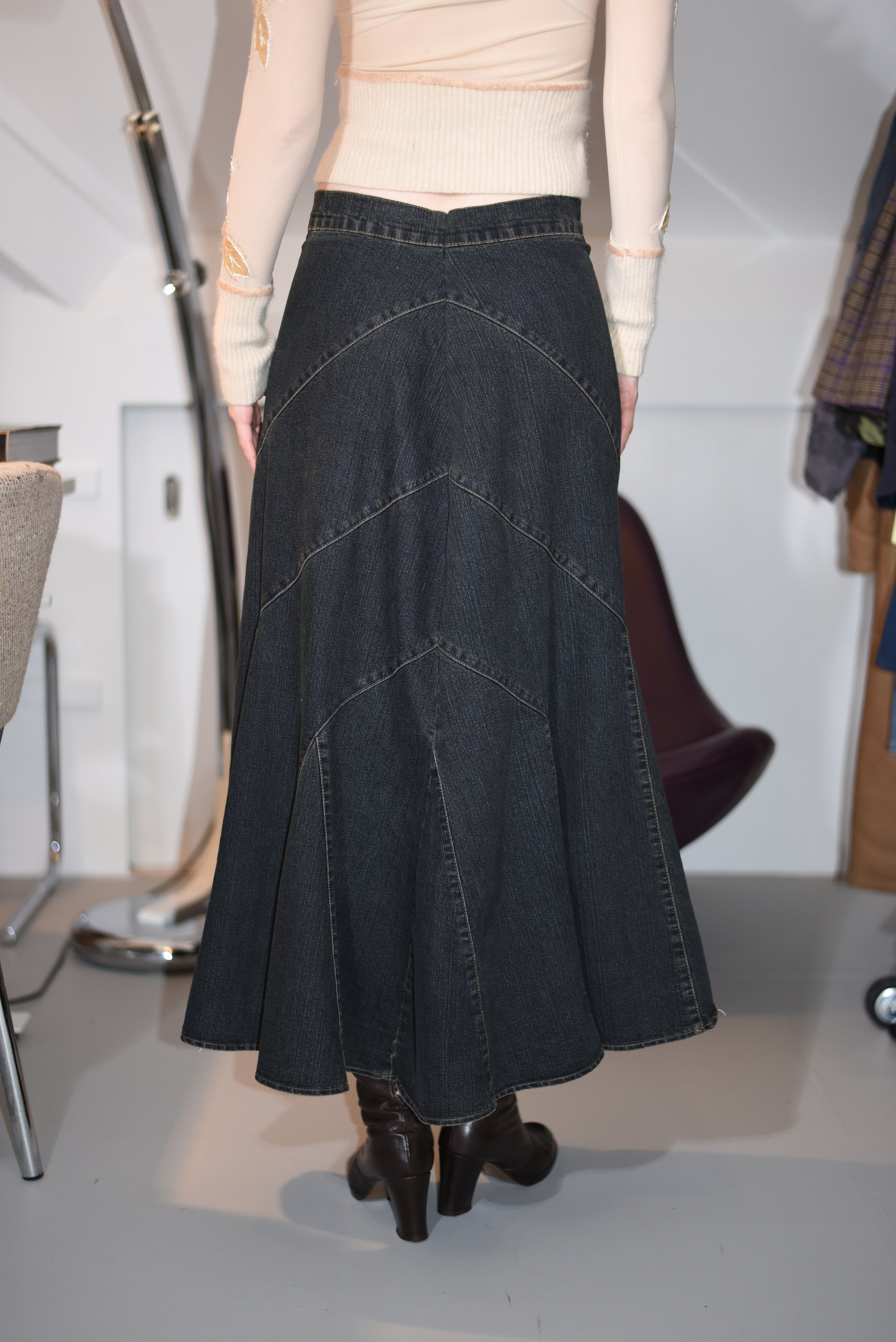 Dark-wash denim maxi skirt