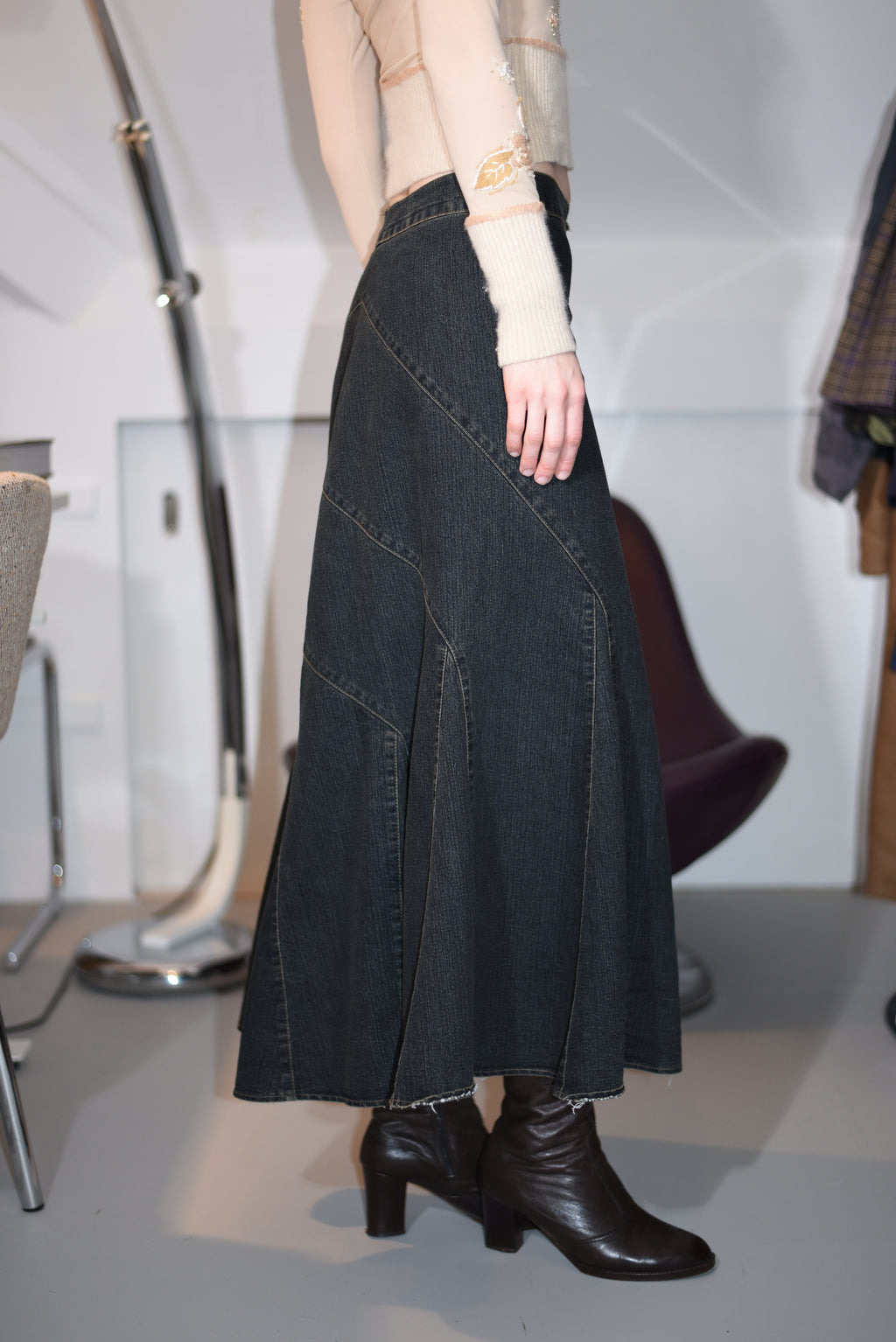 Dark-wash denim maxi skirt