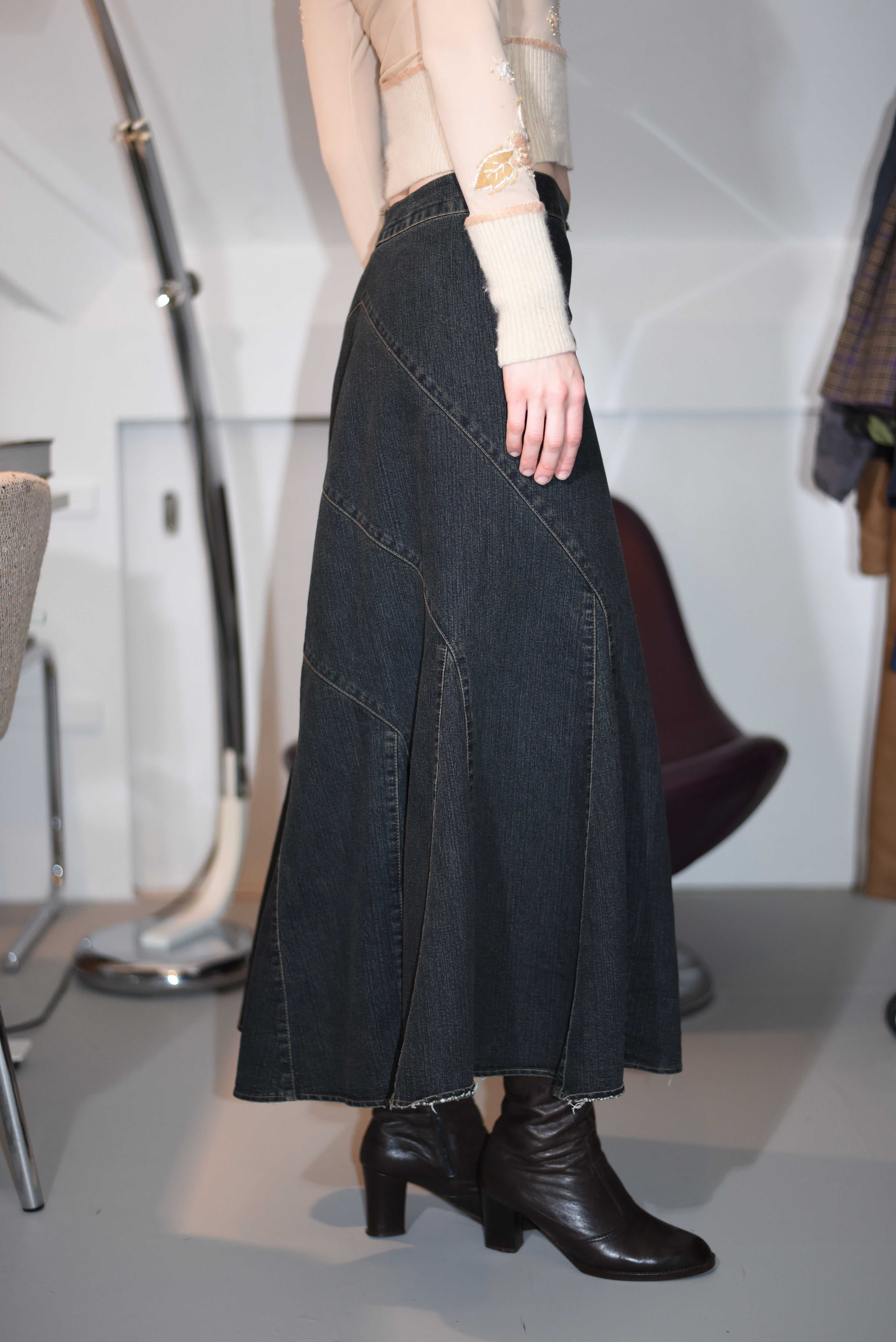 Dark-wash denim maxi skirt