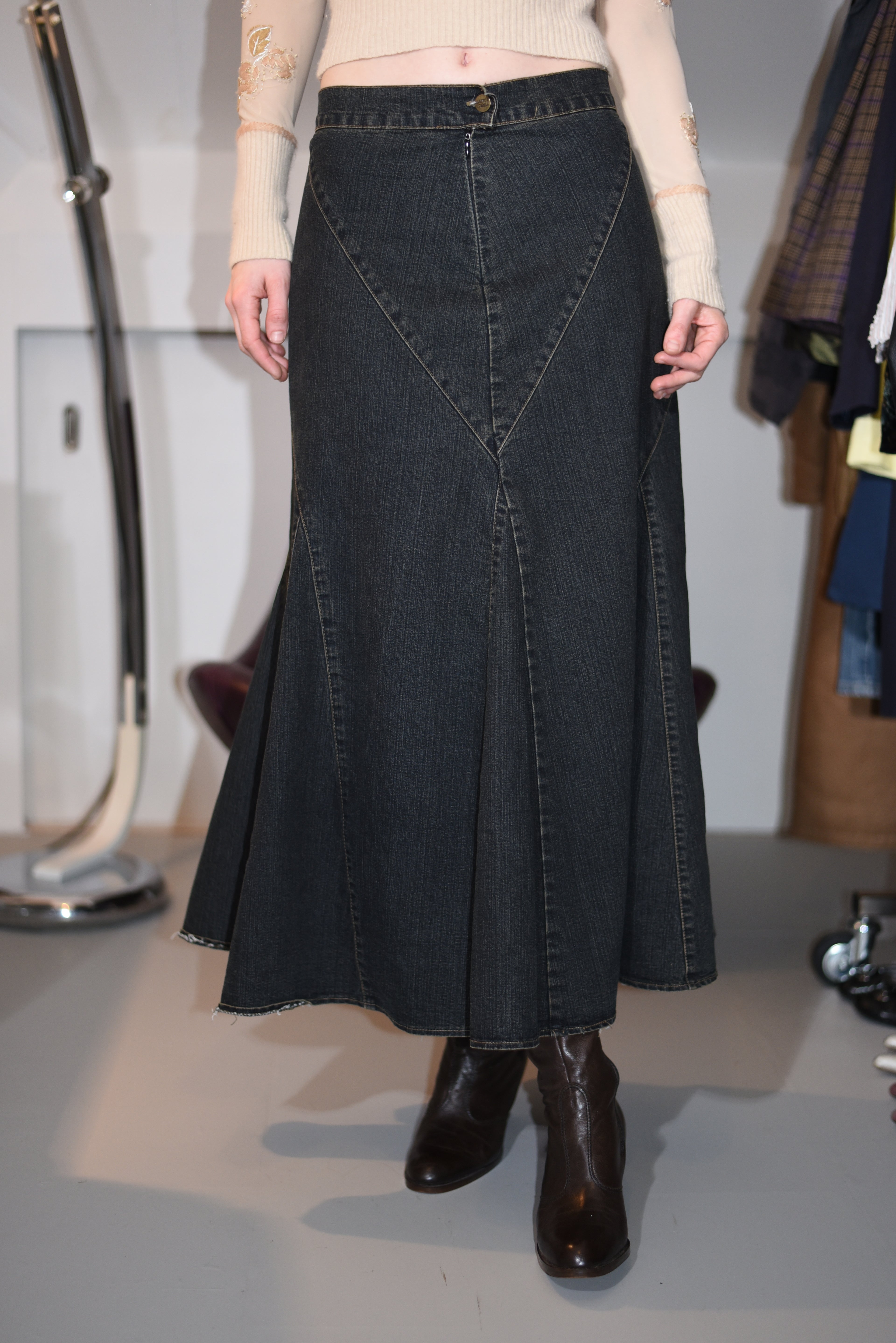 Dark-wash denim maxi skirt