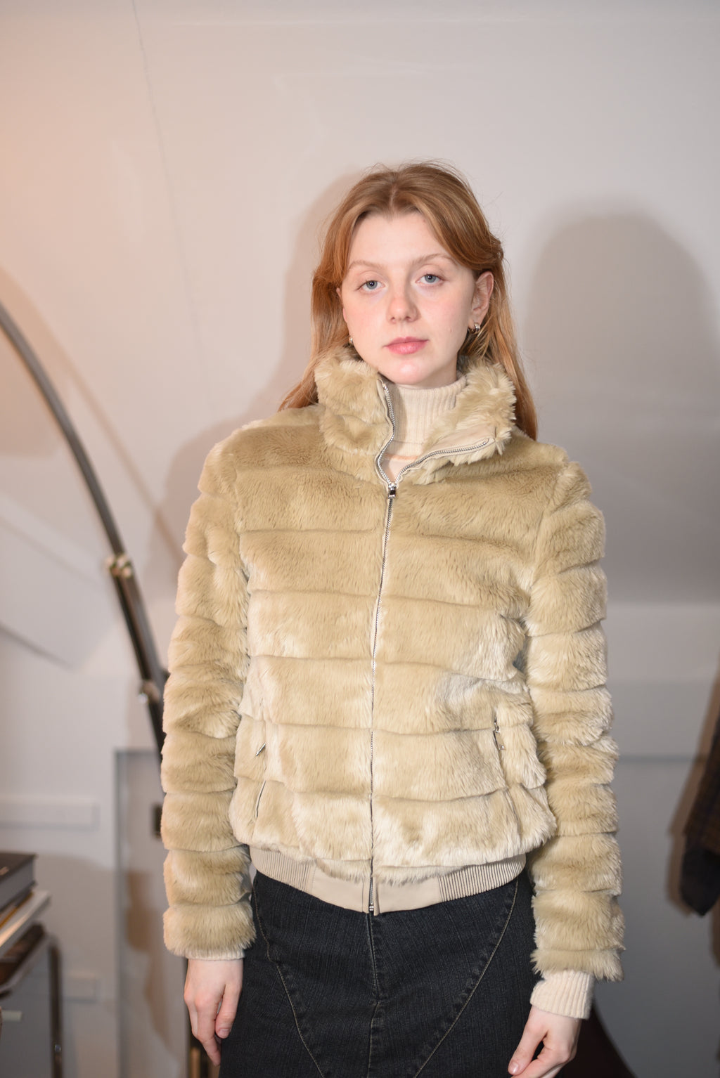 Beige faux fur puffer jacket
