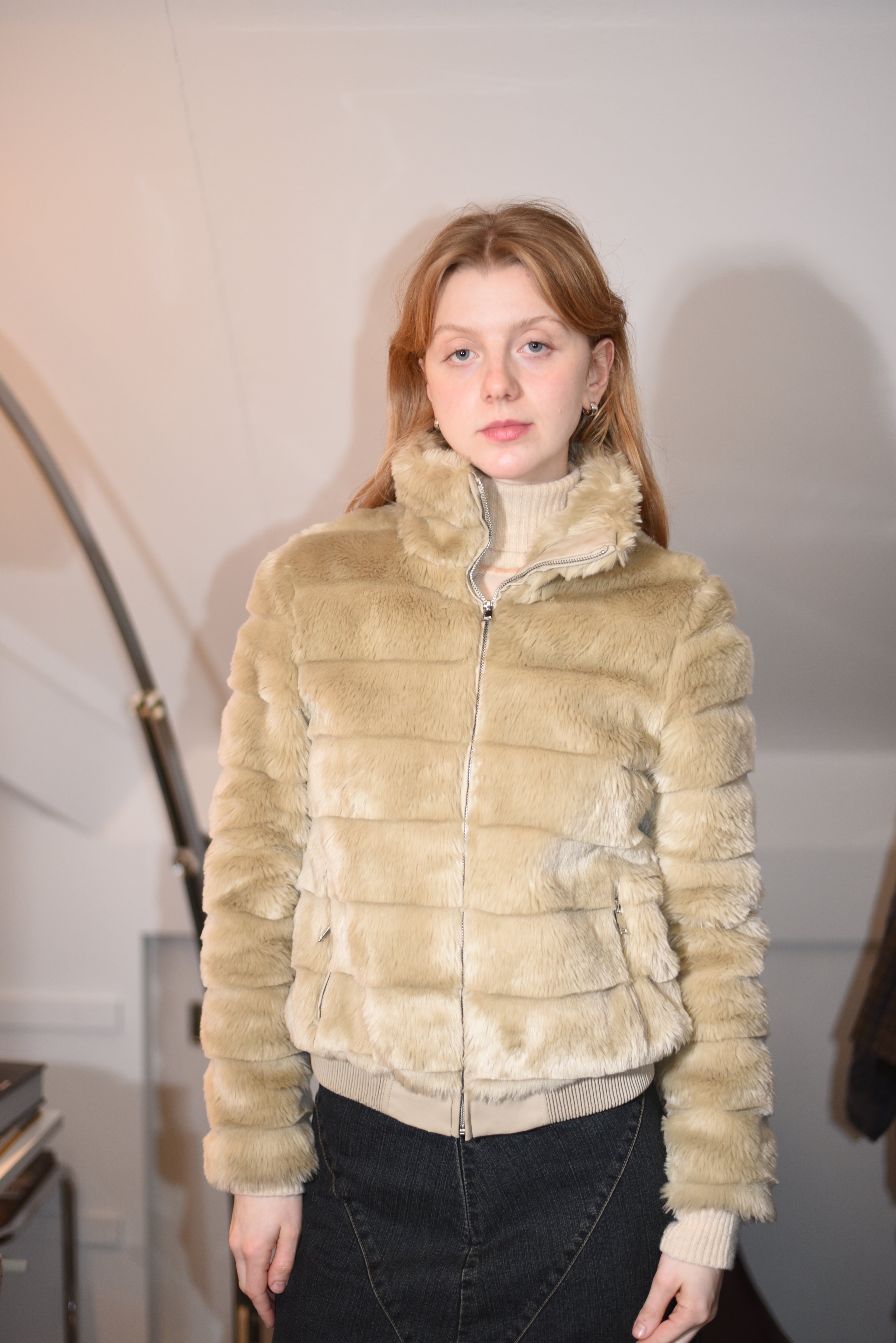 Beige faux fur puffer jacket