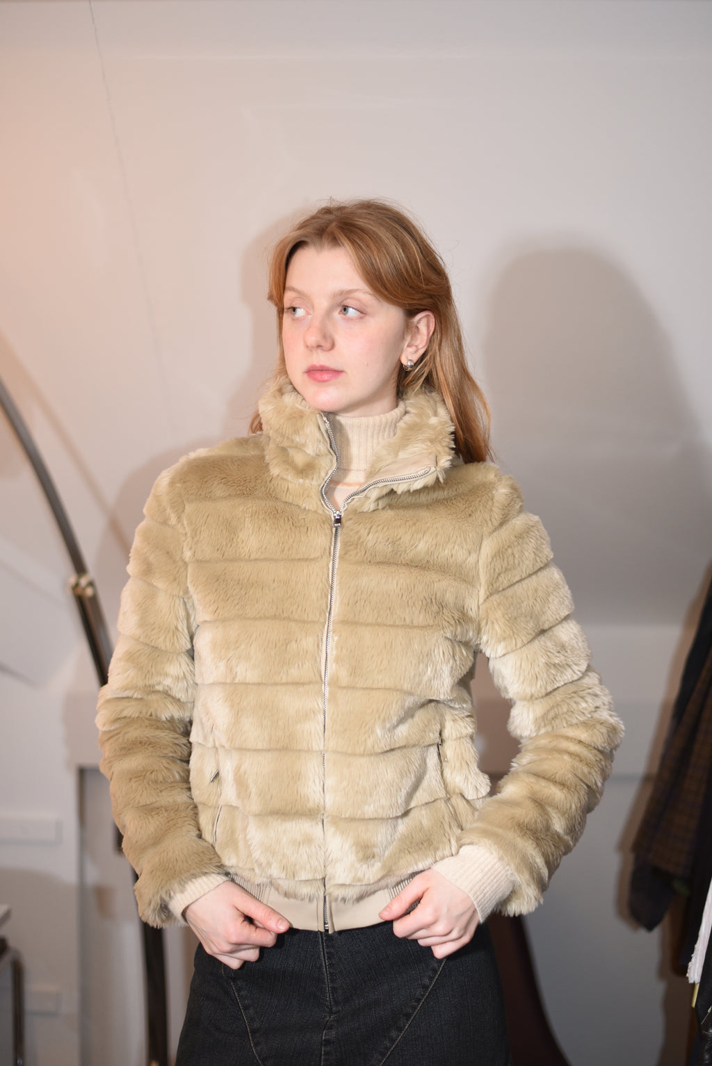 Beige faux fur puffer jacket