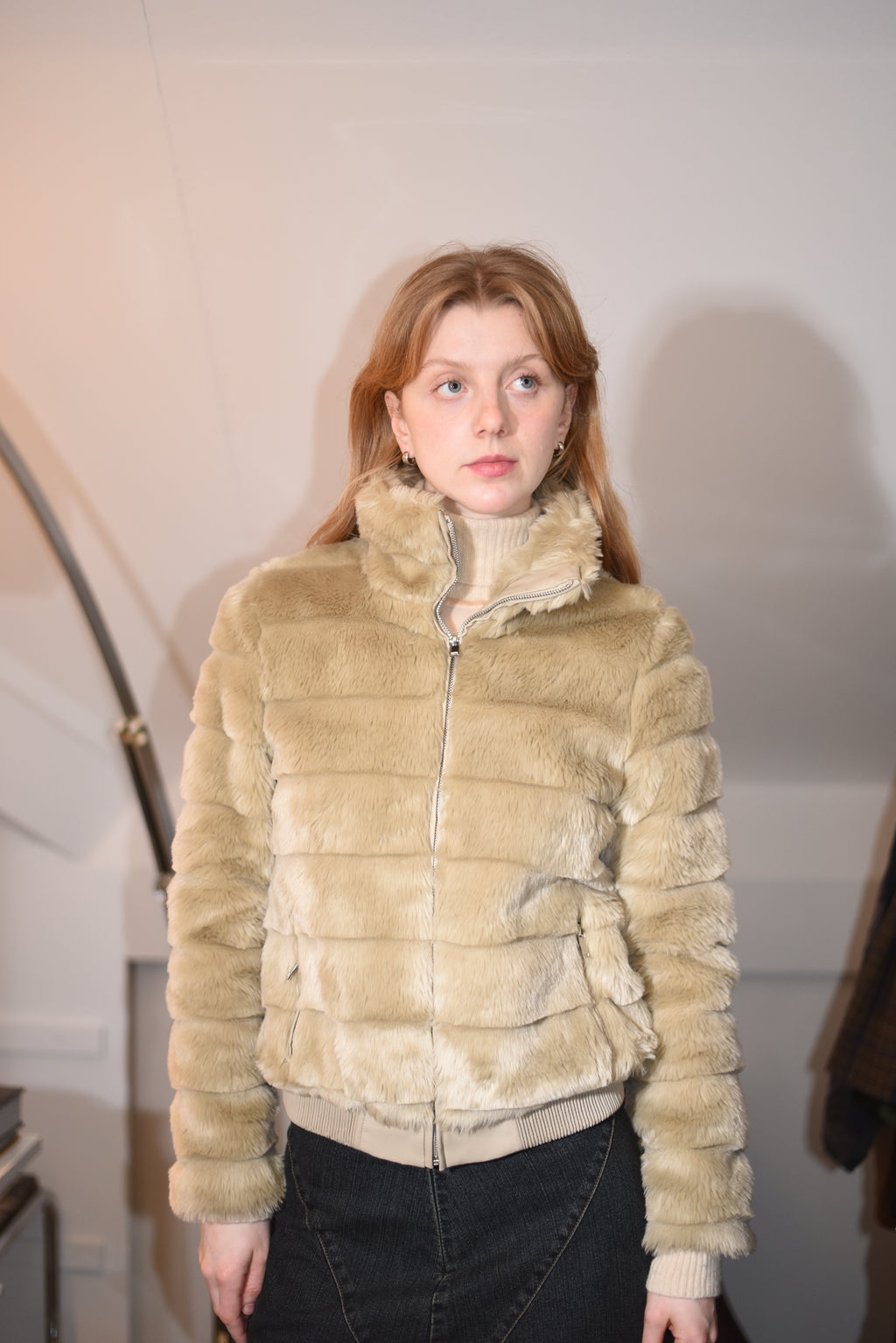 Beige faux fur puffer jacket