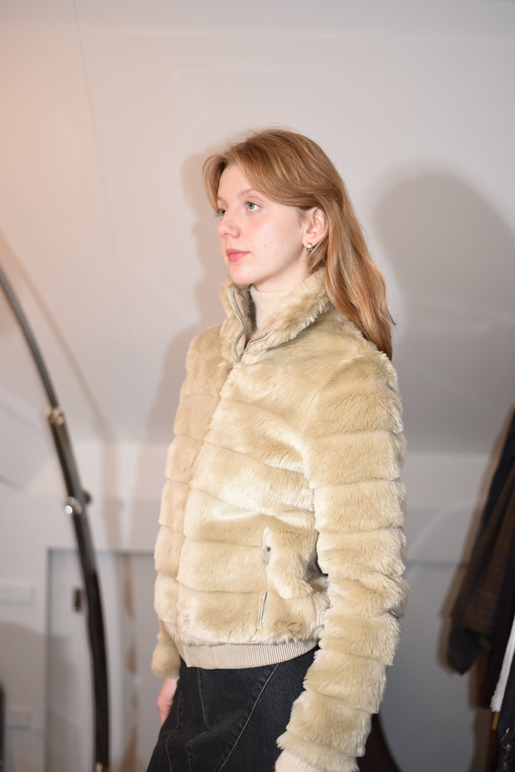 Beige faux fur puffer jacket