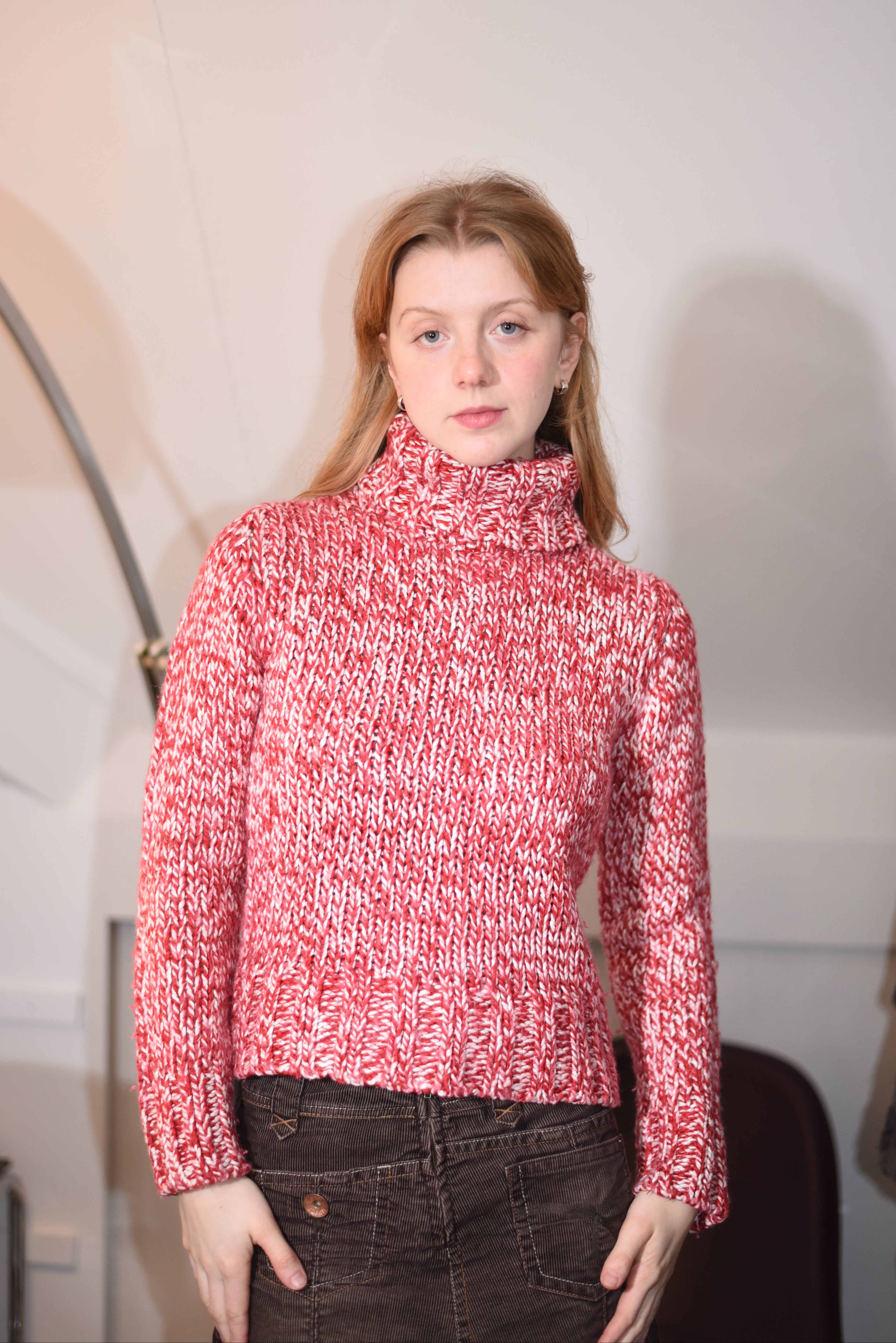 Red marled knit turtleneck sweater