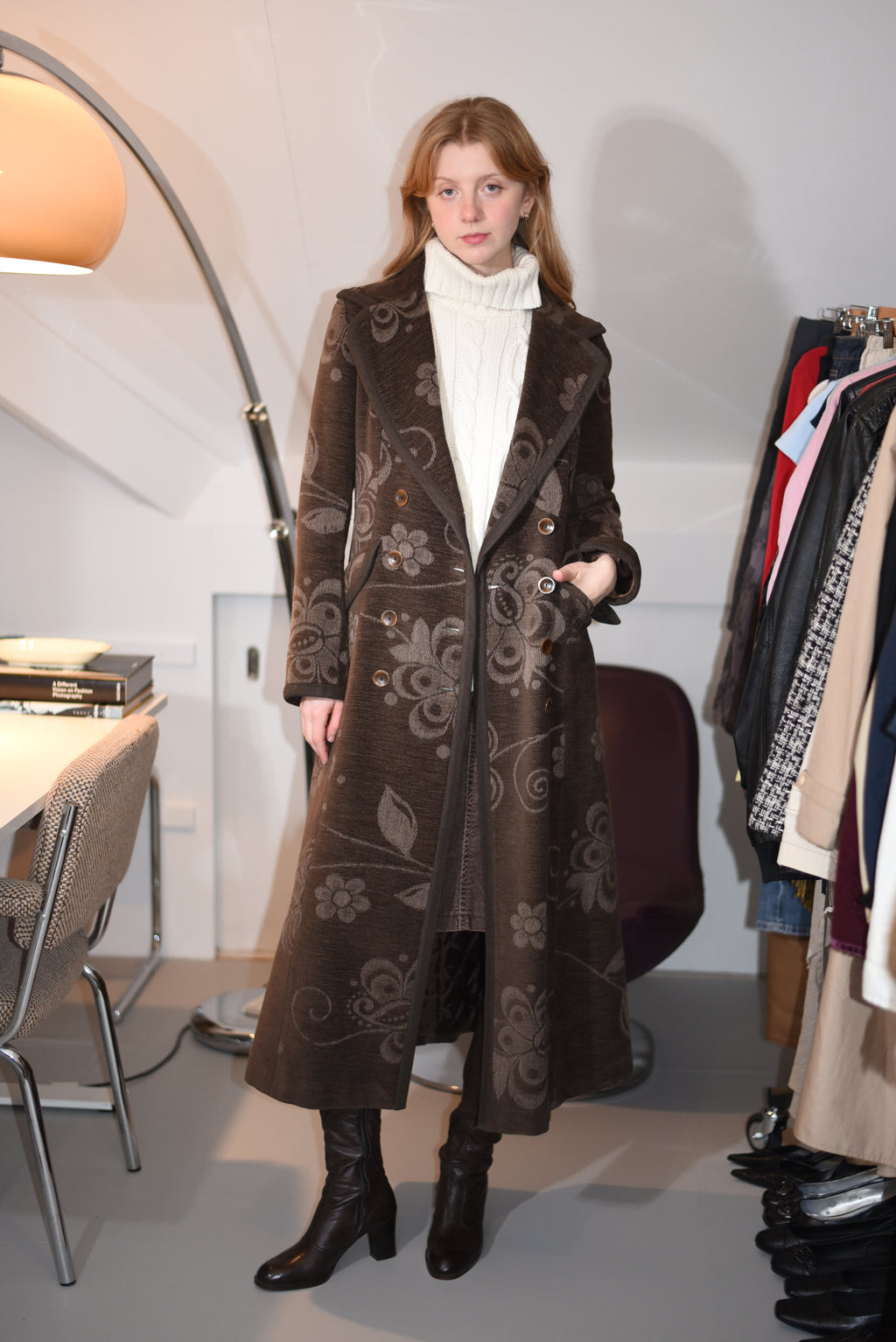 Brown long double breasted floral coat