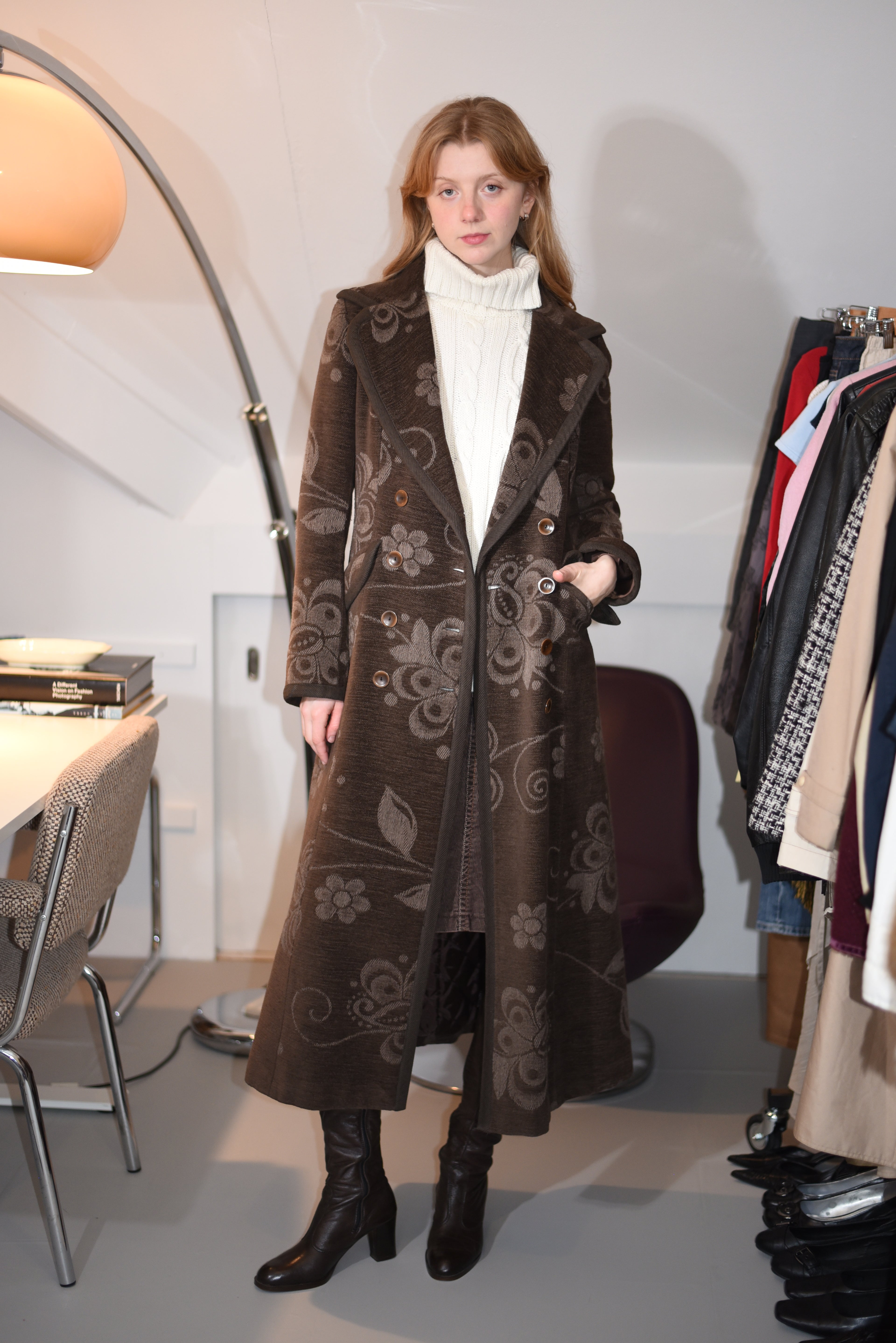 Brown long double breasted floral coat