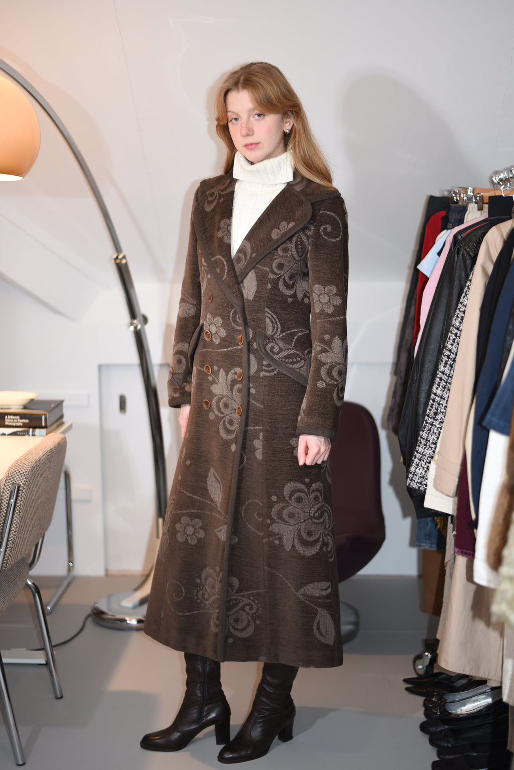 Brown long double breasted floral coat