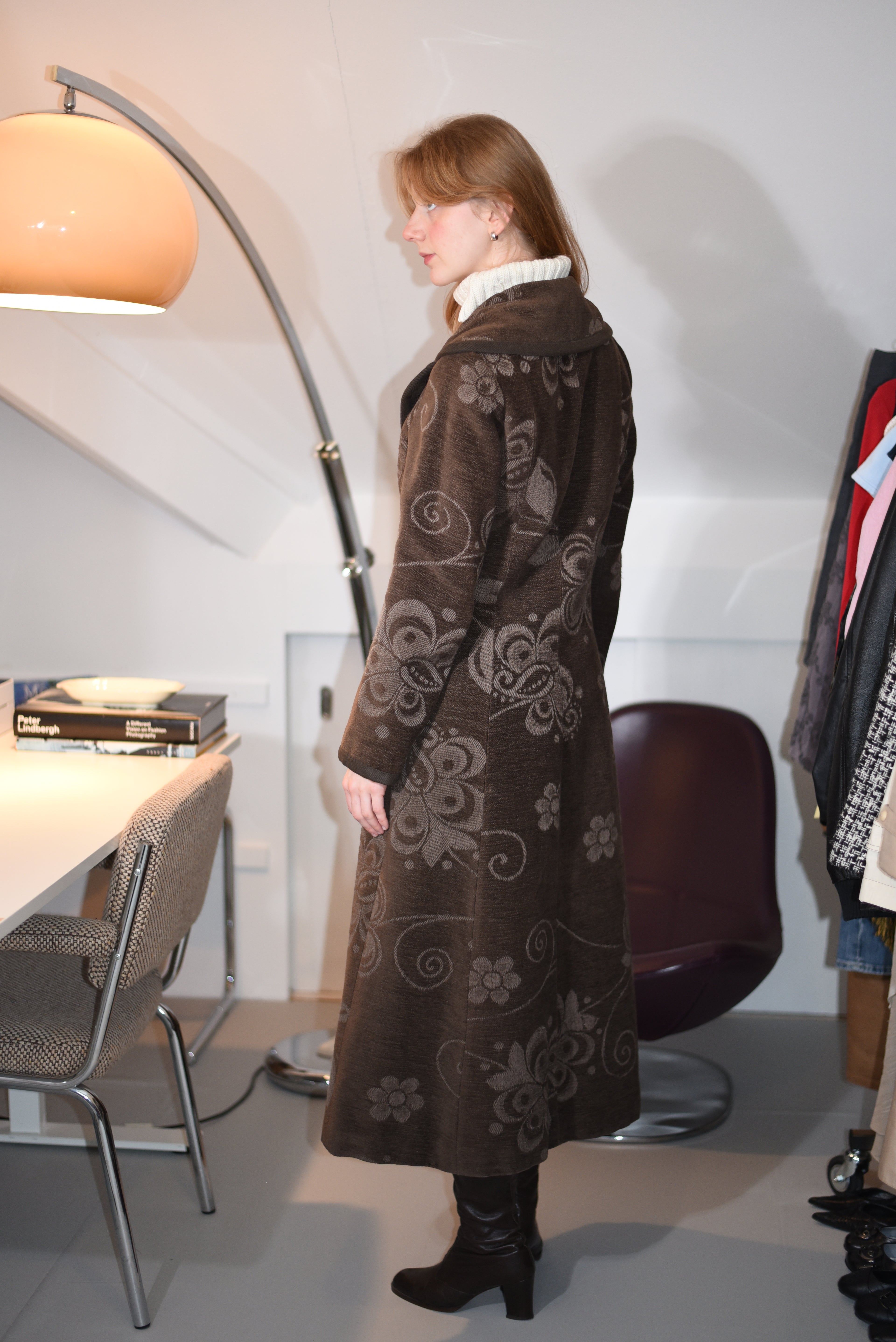 Brown long double breasted floral coat