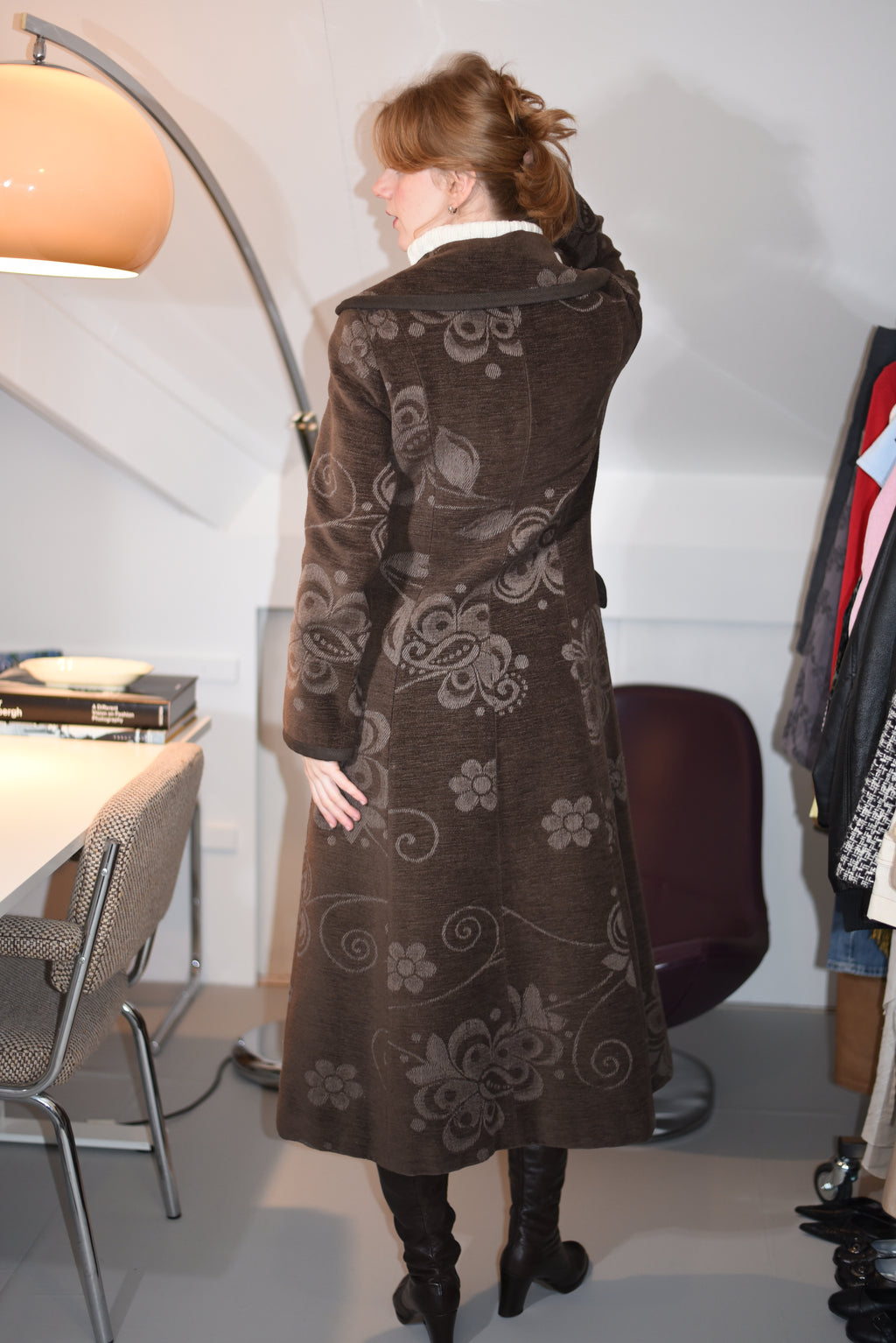 Brown long double breasted floral coat