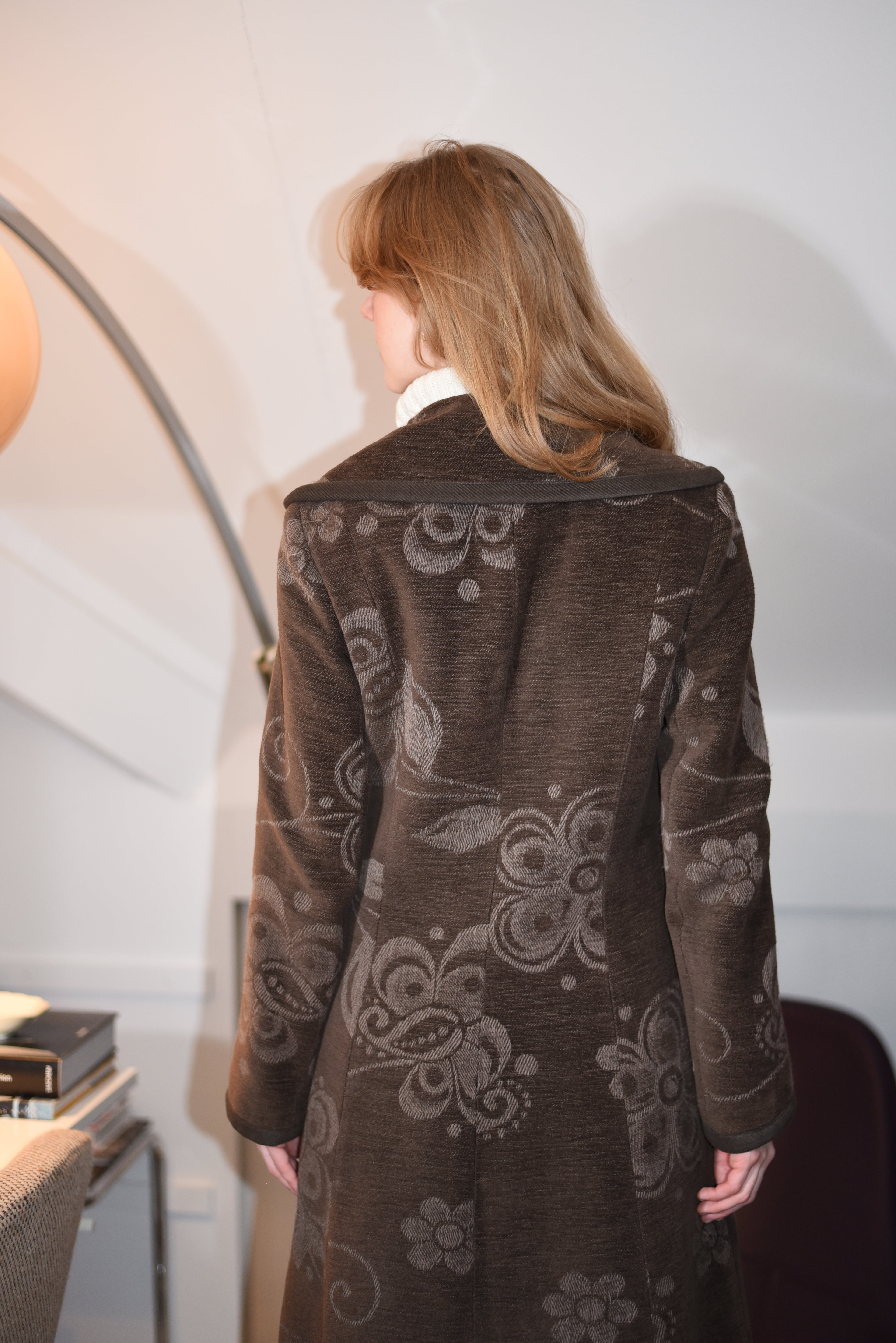 Brown long double breasted floral coat