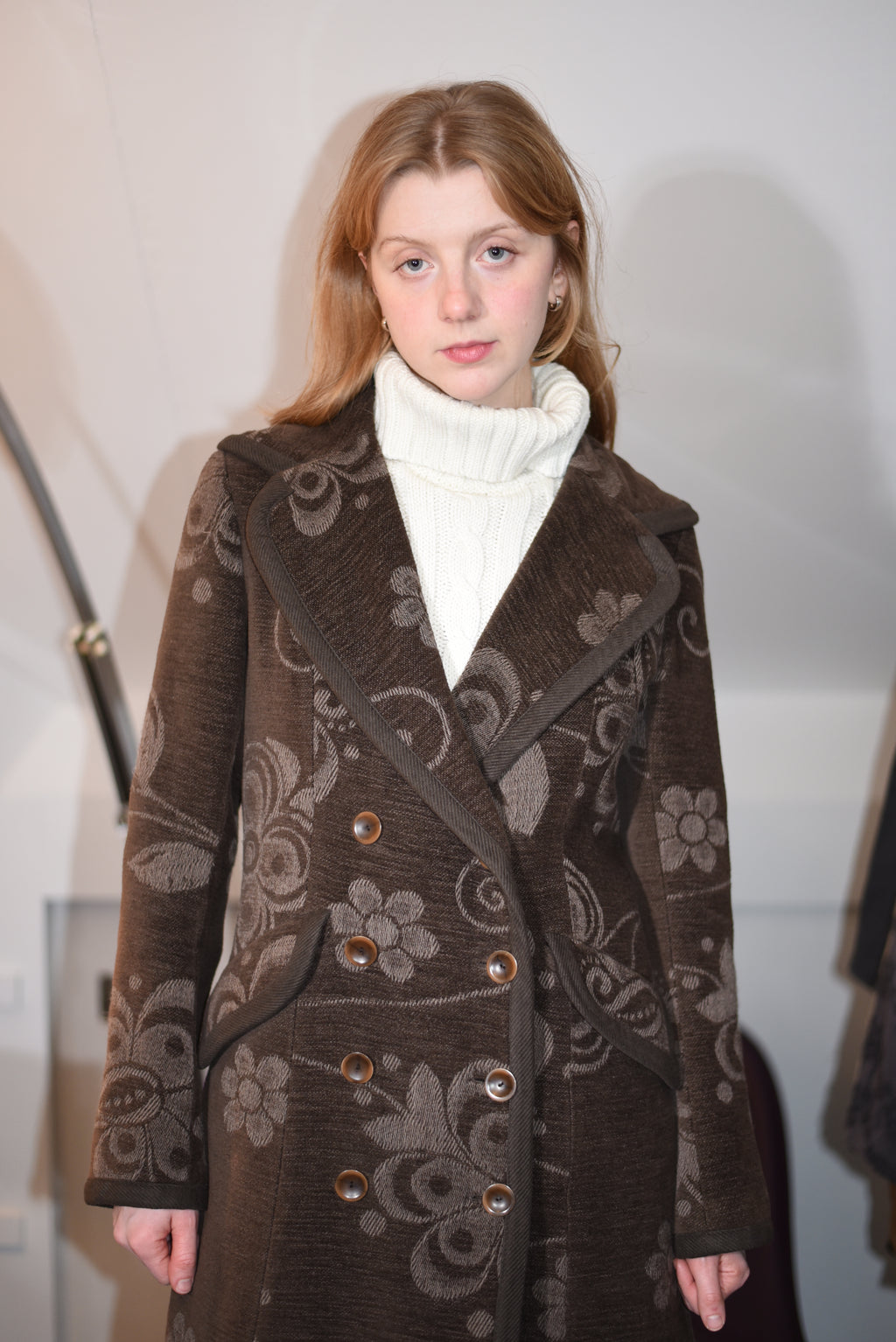 Brown long double breasted floral coat