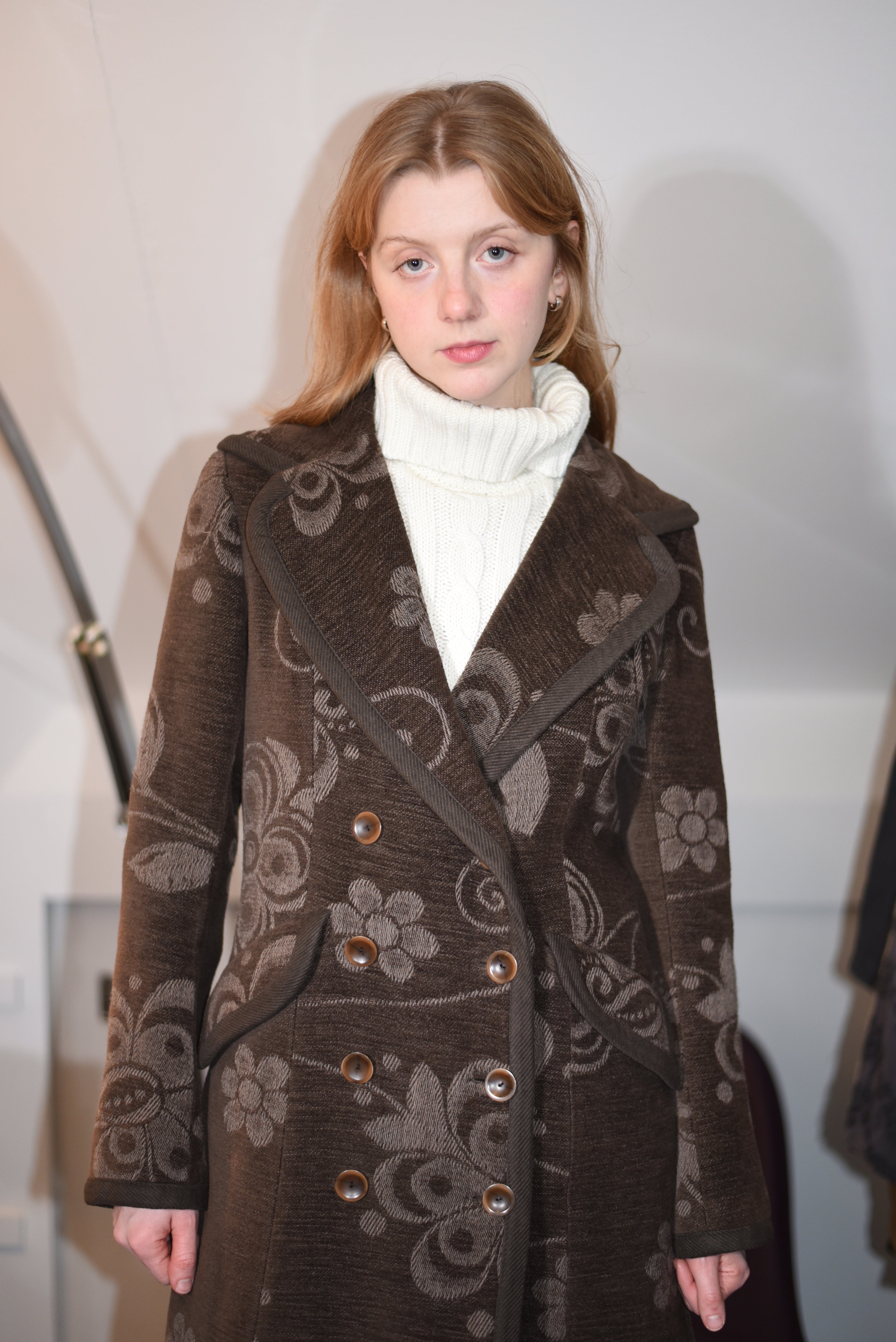 Brown long double breasted floral coat