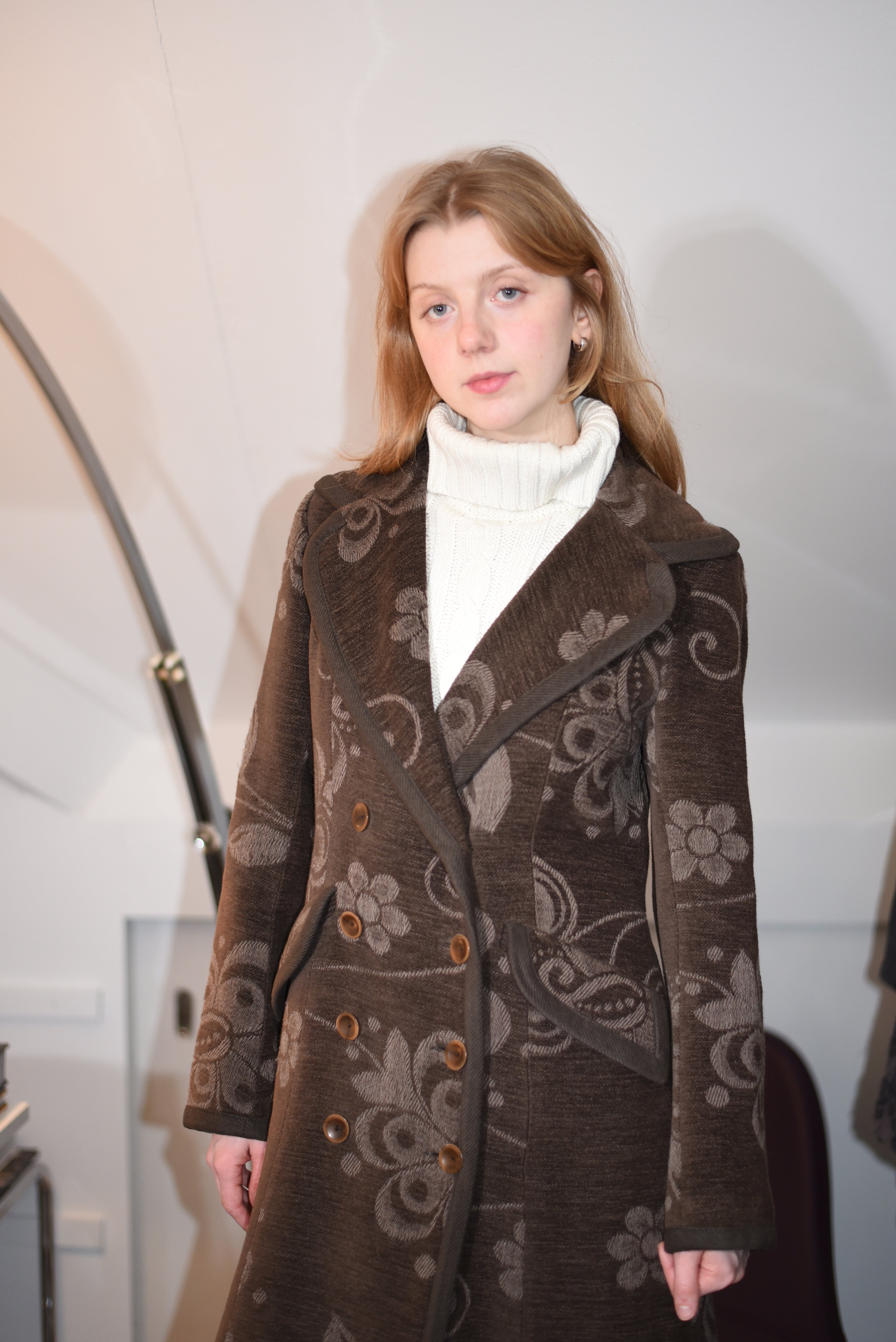 Brown long double breasted floral coat