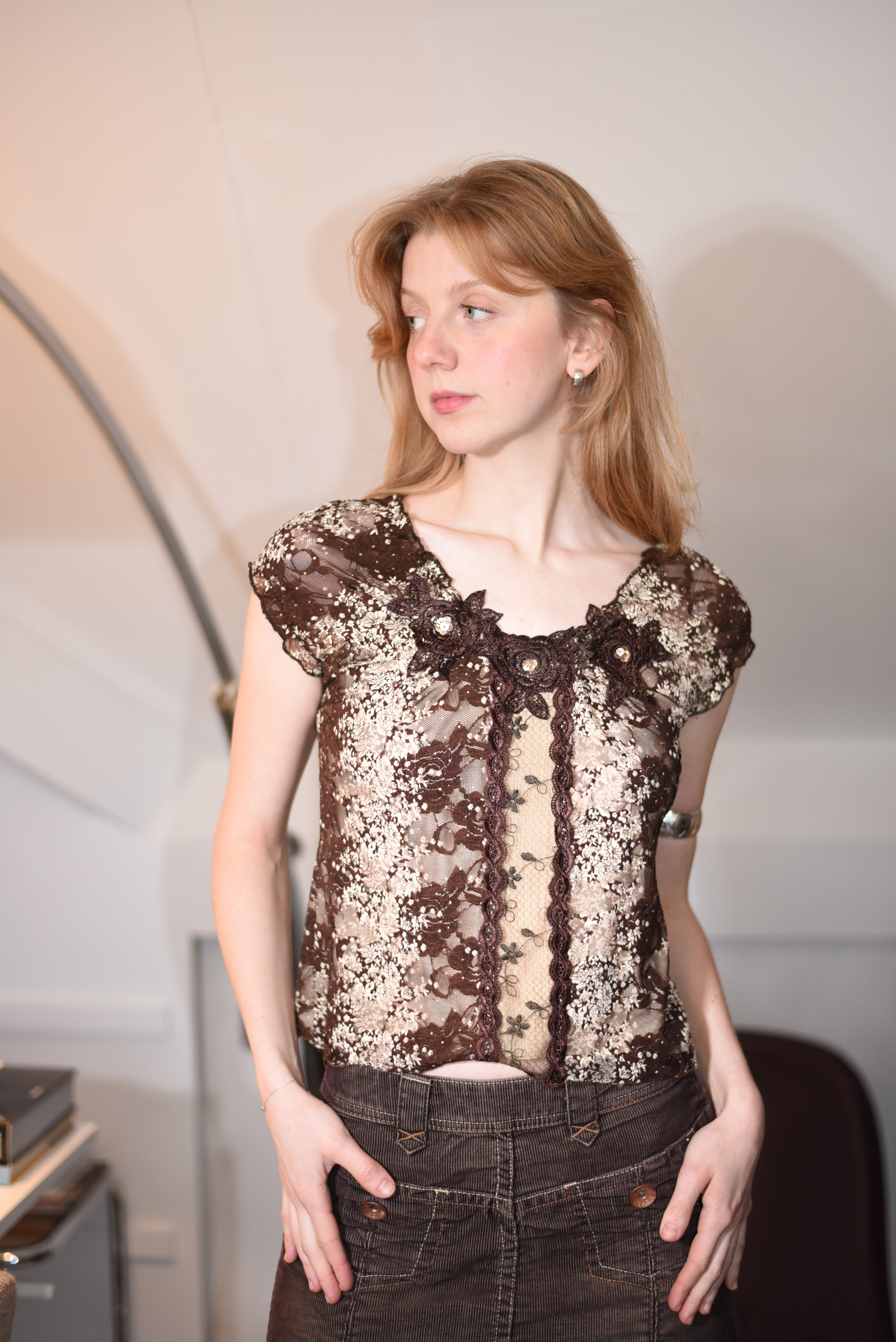 Brown lace floral top