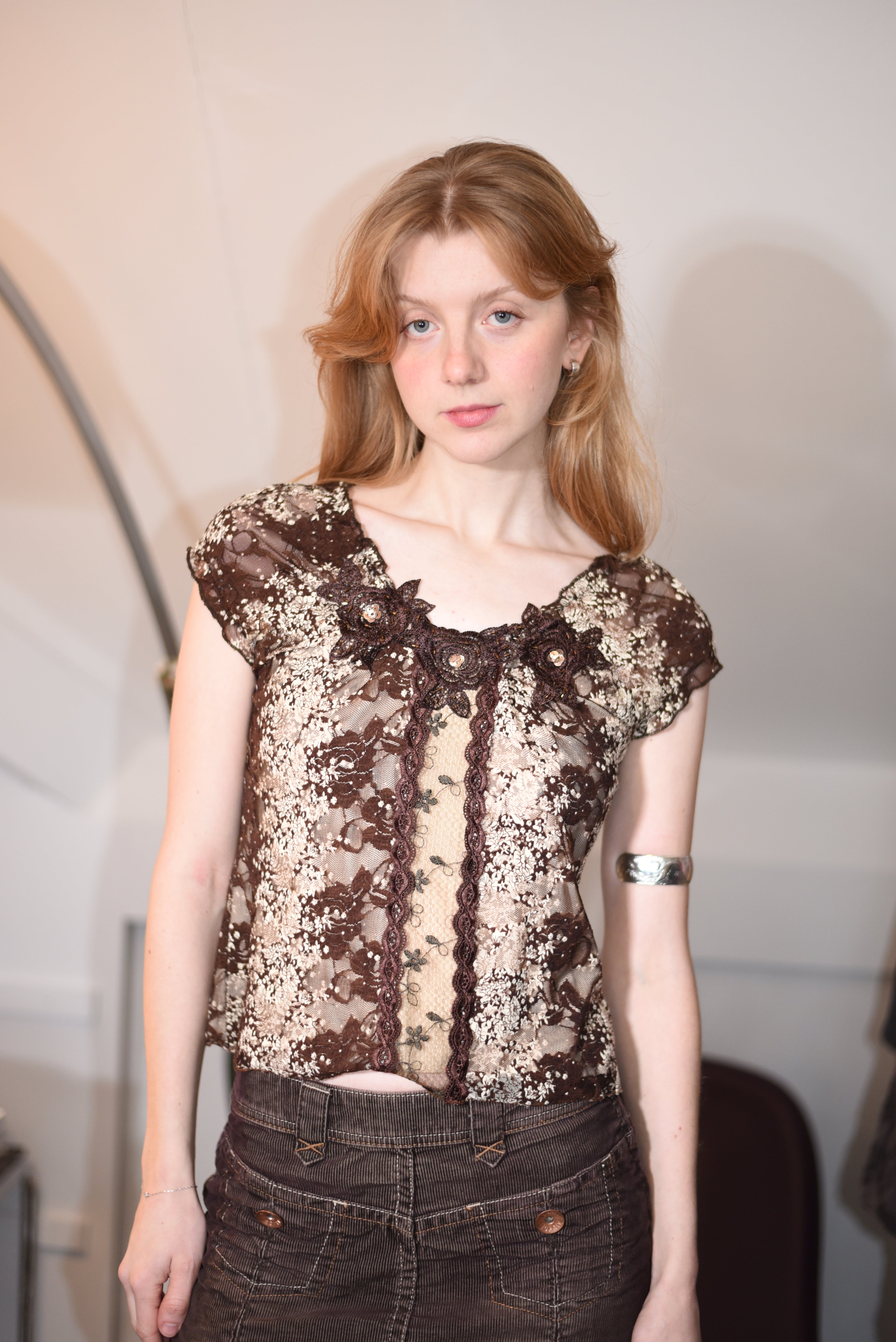 Brown lace floral top