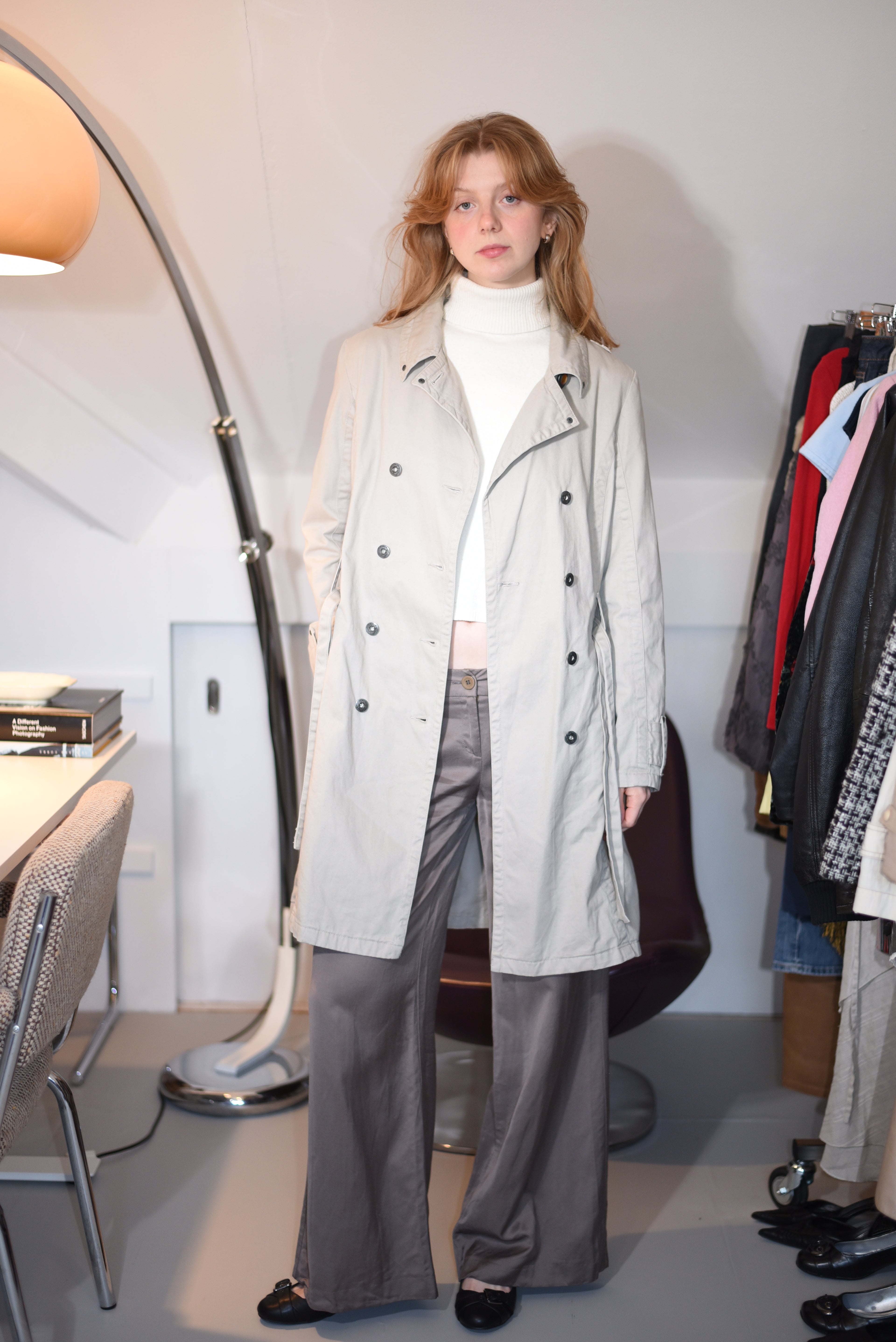 Embroidered light-grey trench coat