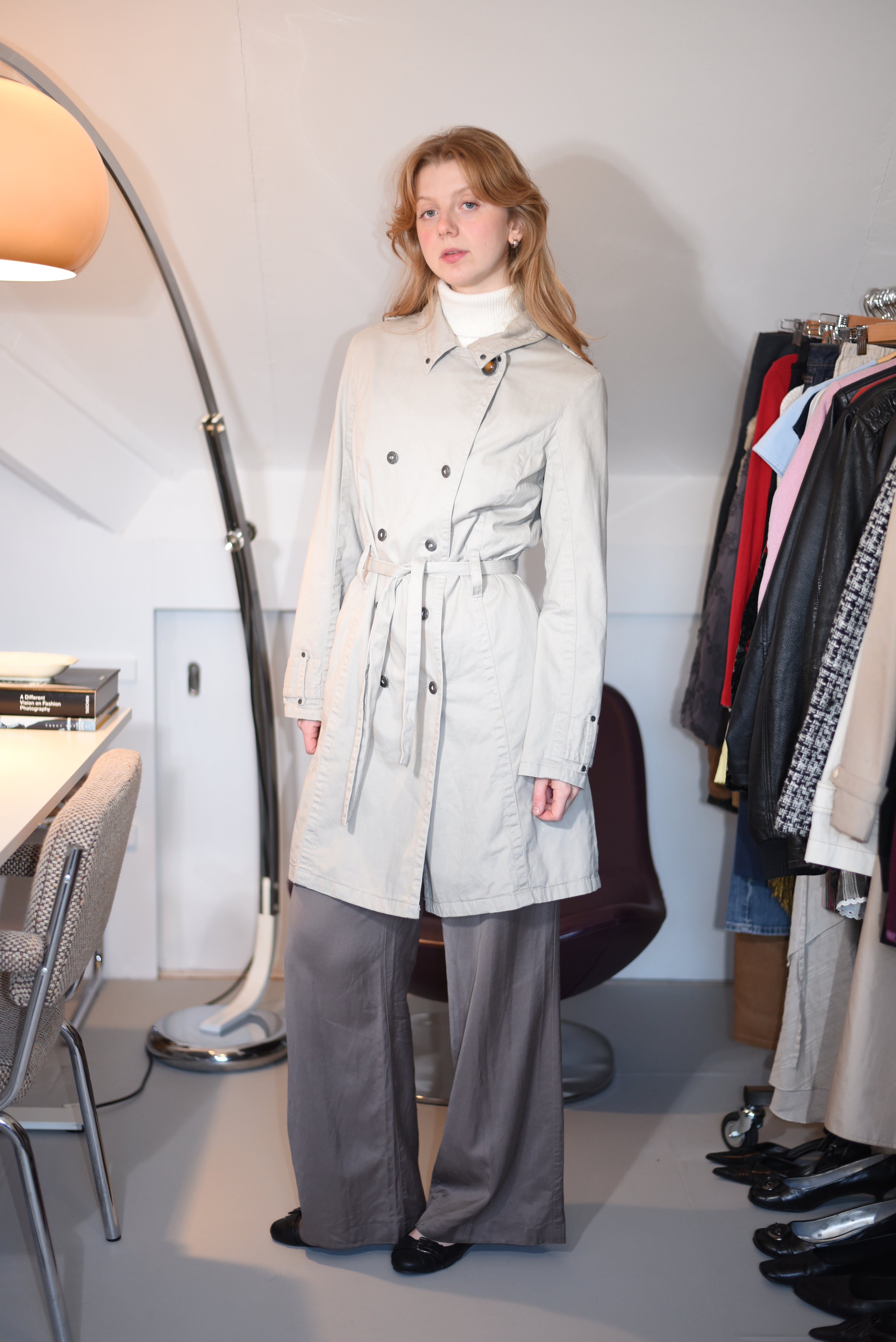Embroidered light-grey trench coat