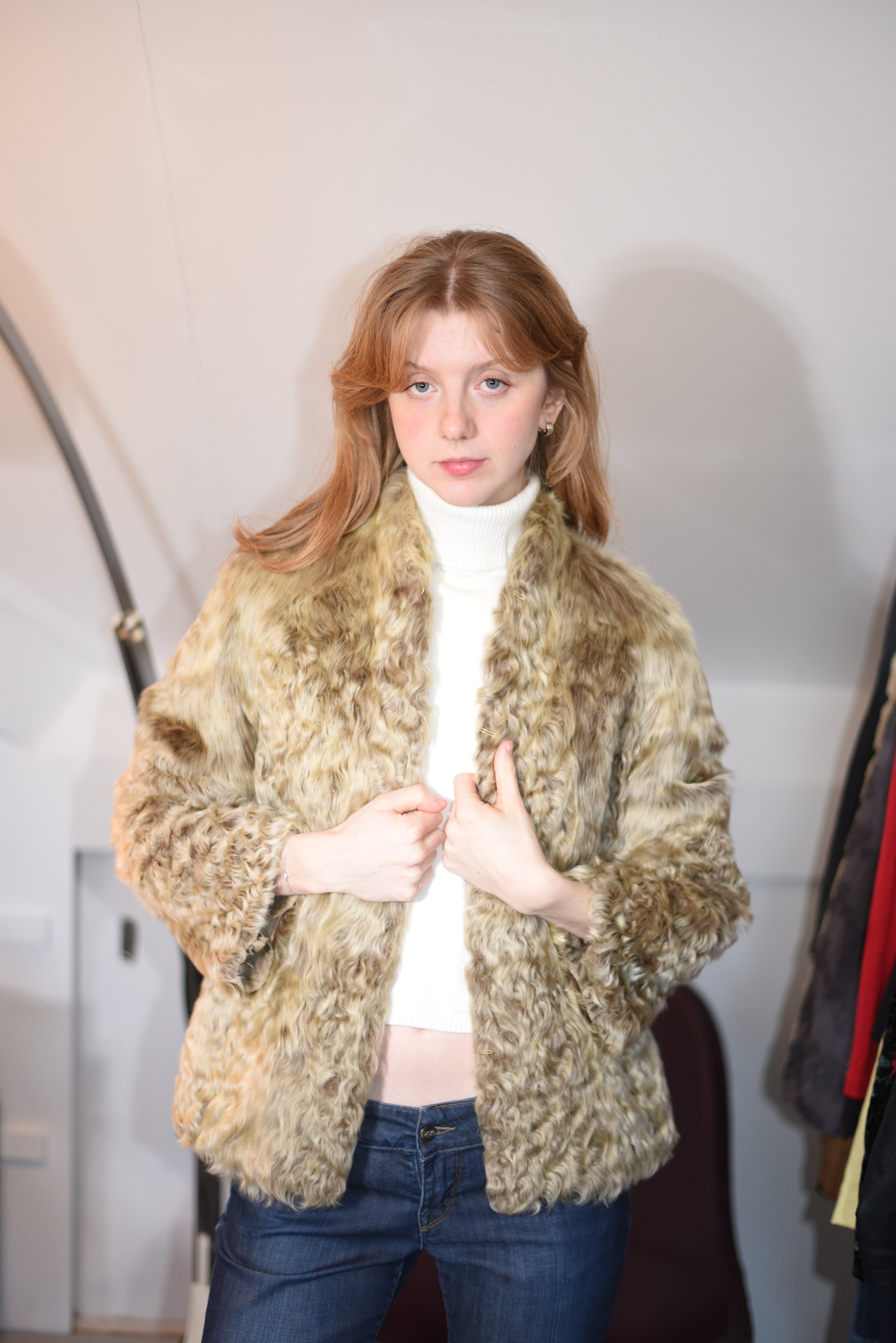 Real beige curly lamb fur jacket