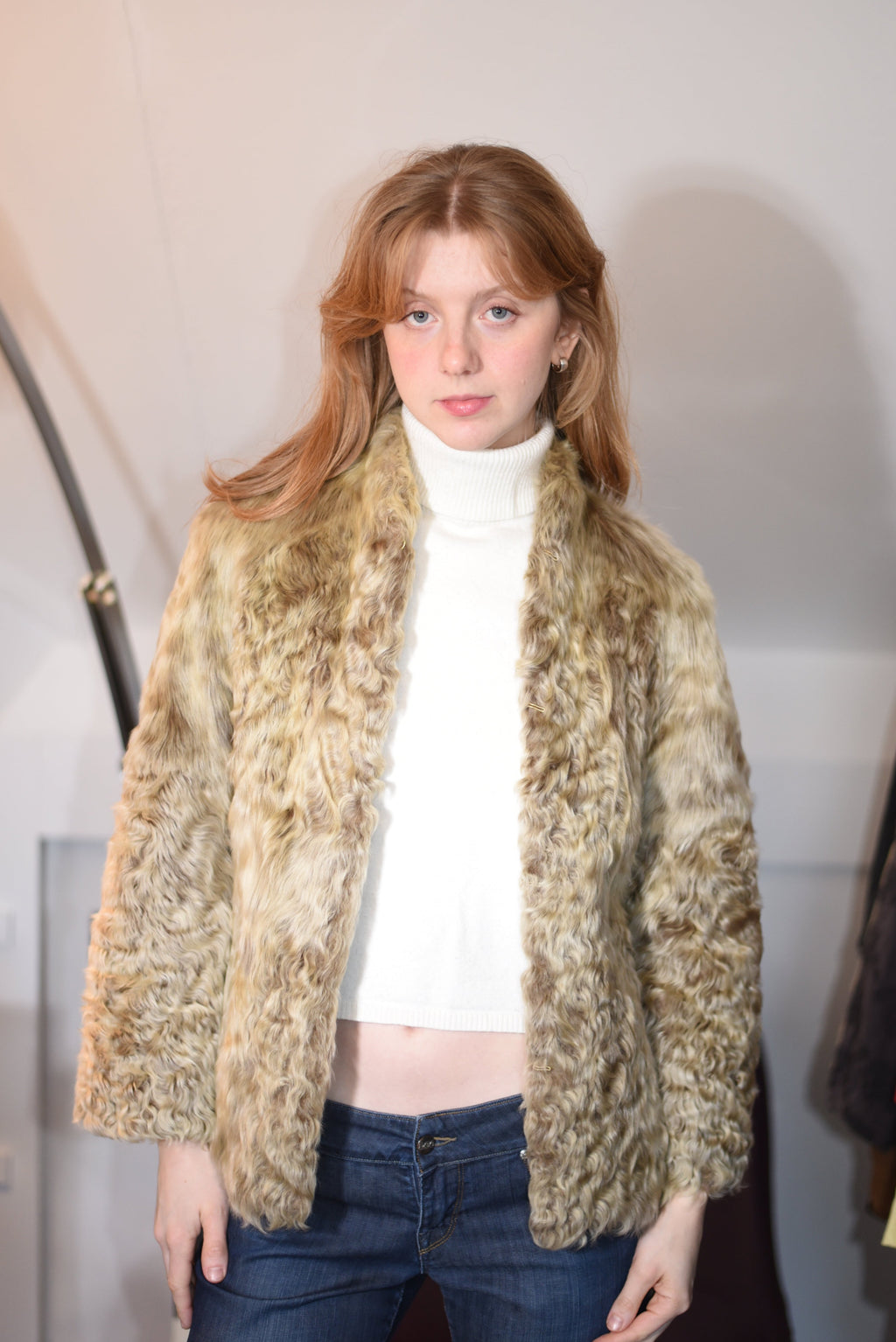 Real beige curly lamb fur jacket