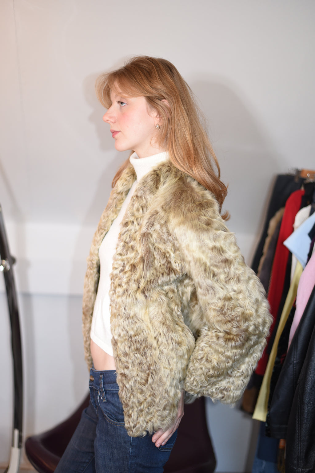Real beige curly lamb fur jacket