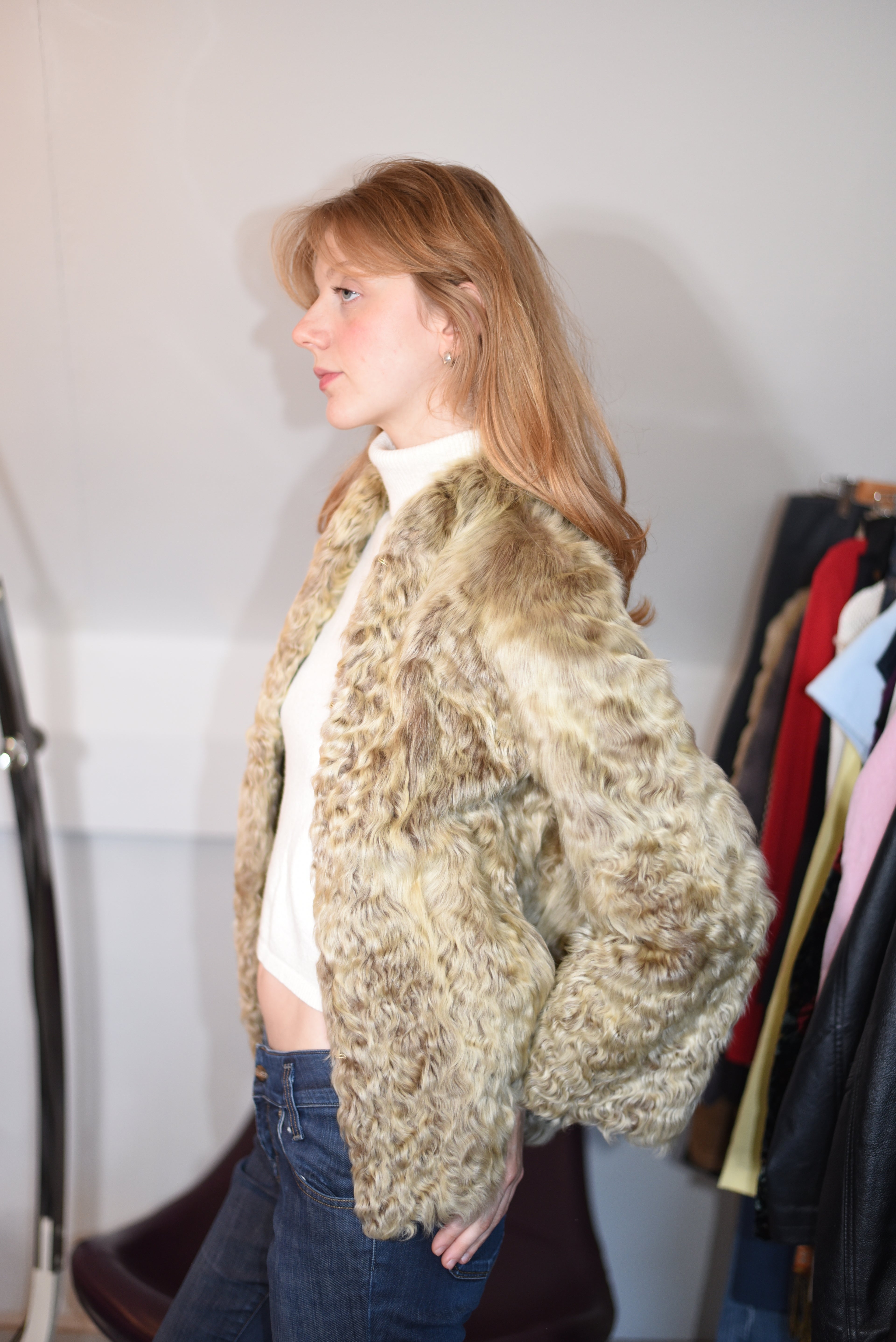 Real beige curly lamb fur jacket