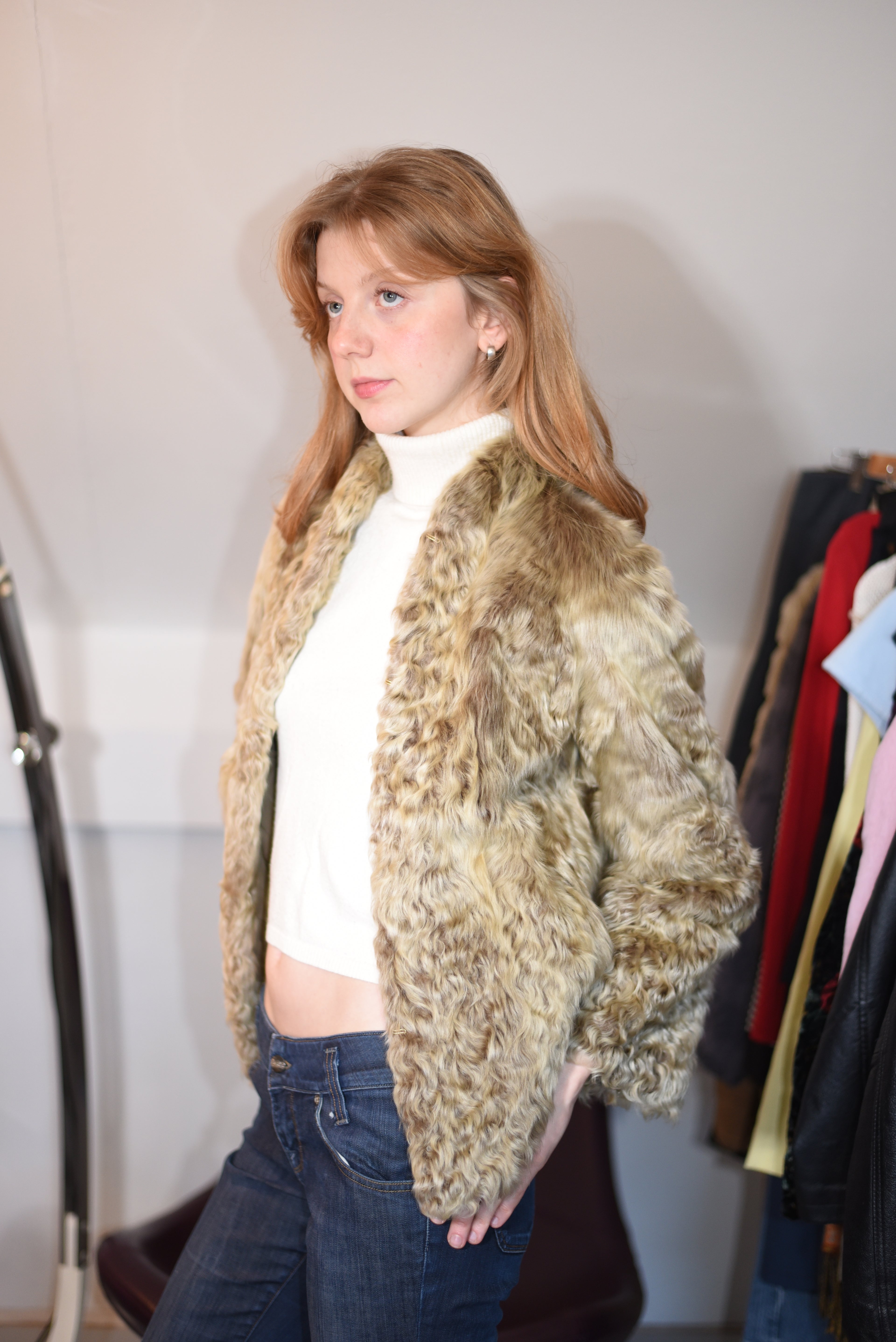 Real beige curly lamb fur jacket