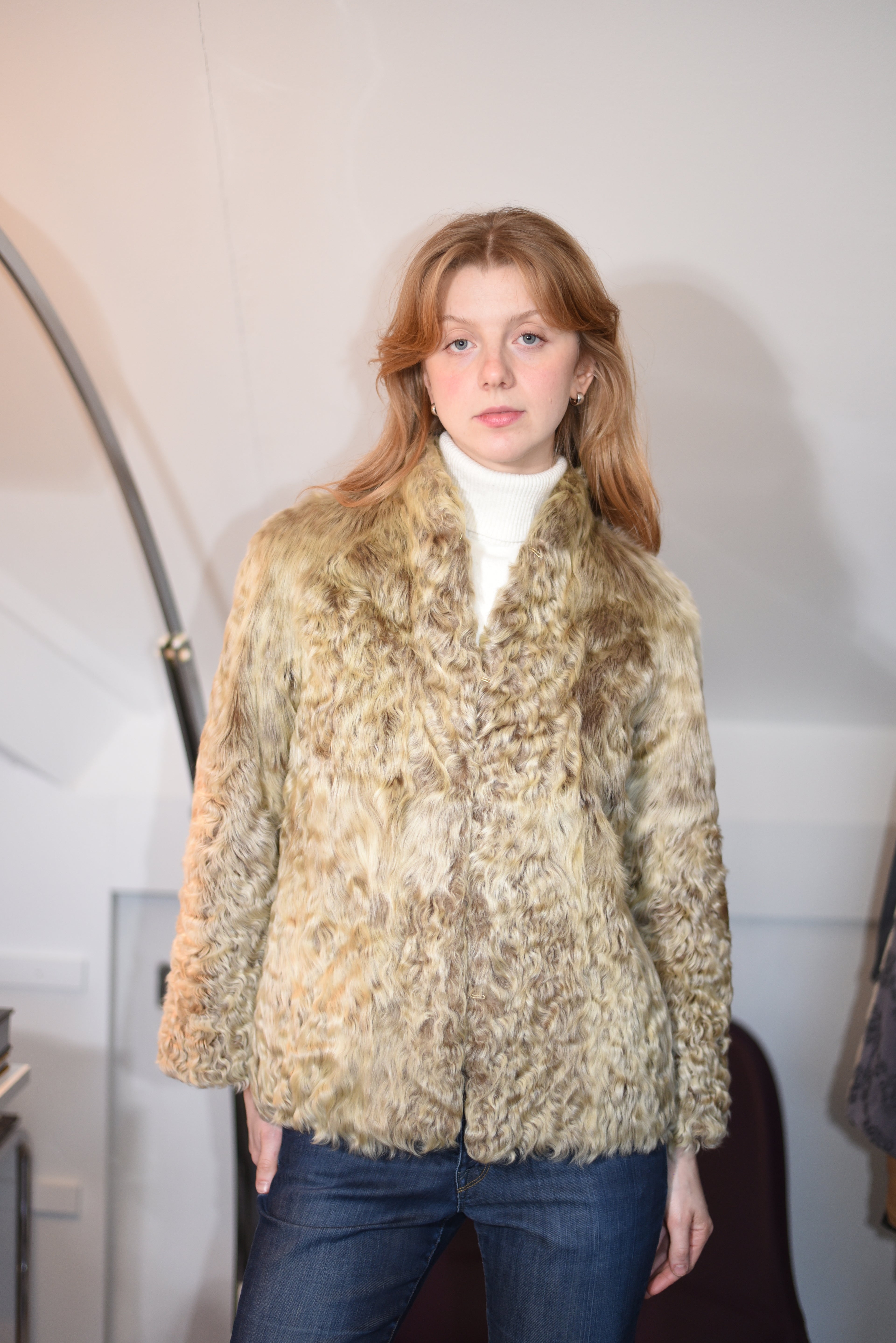 Real beige curly lamb fur jacket