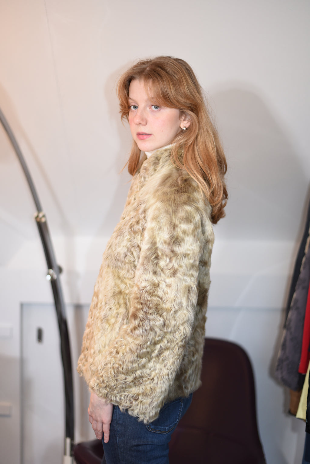Real beige curly lamb fur jacket